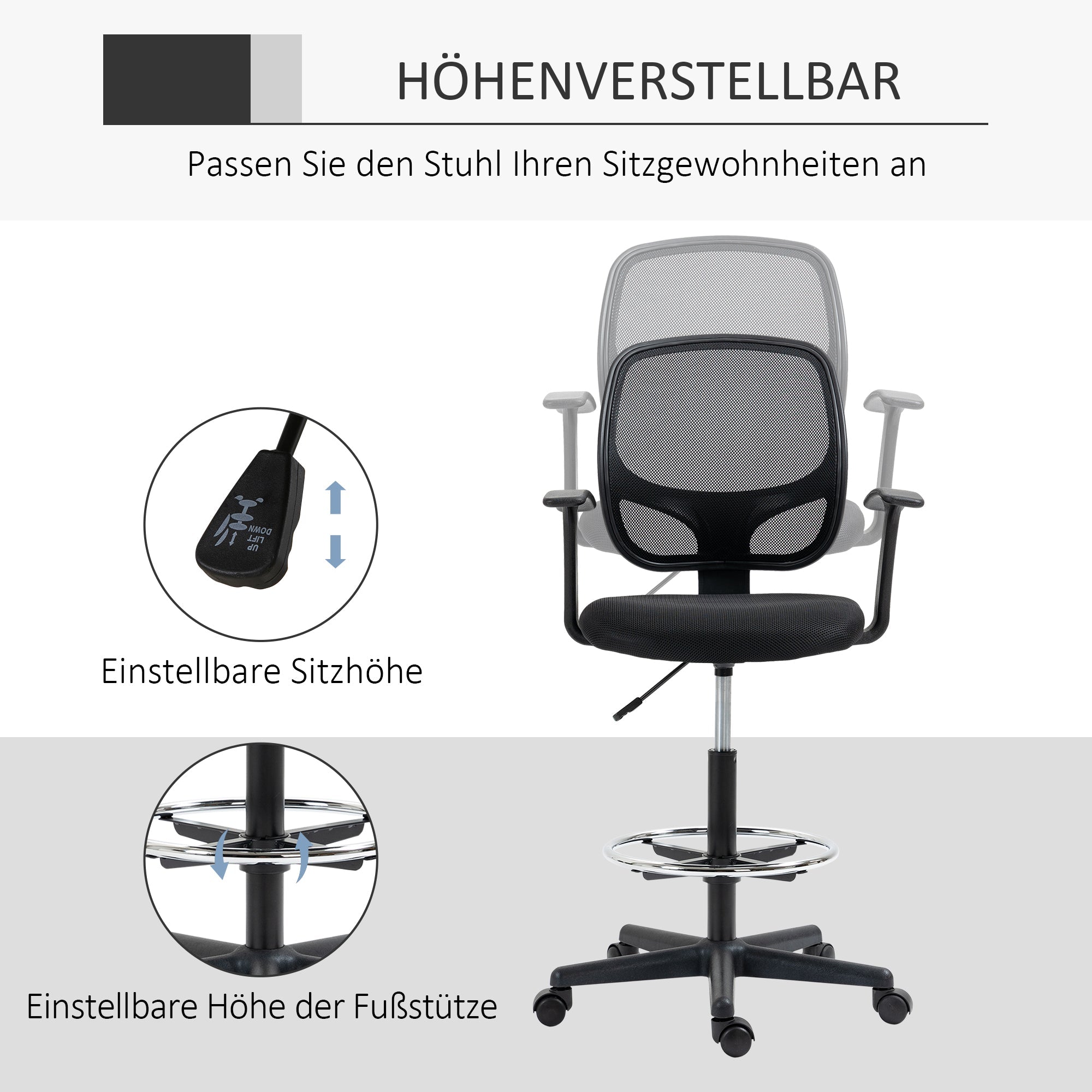 Vinsetto Office Chair Ergonomic Swivel Drafting Adjustable Footrest Black