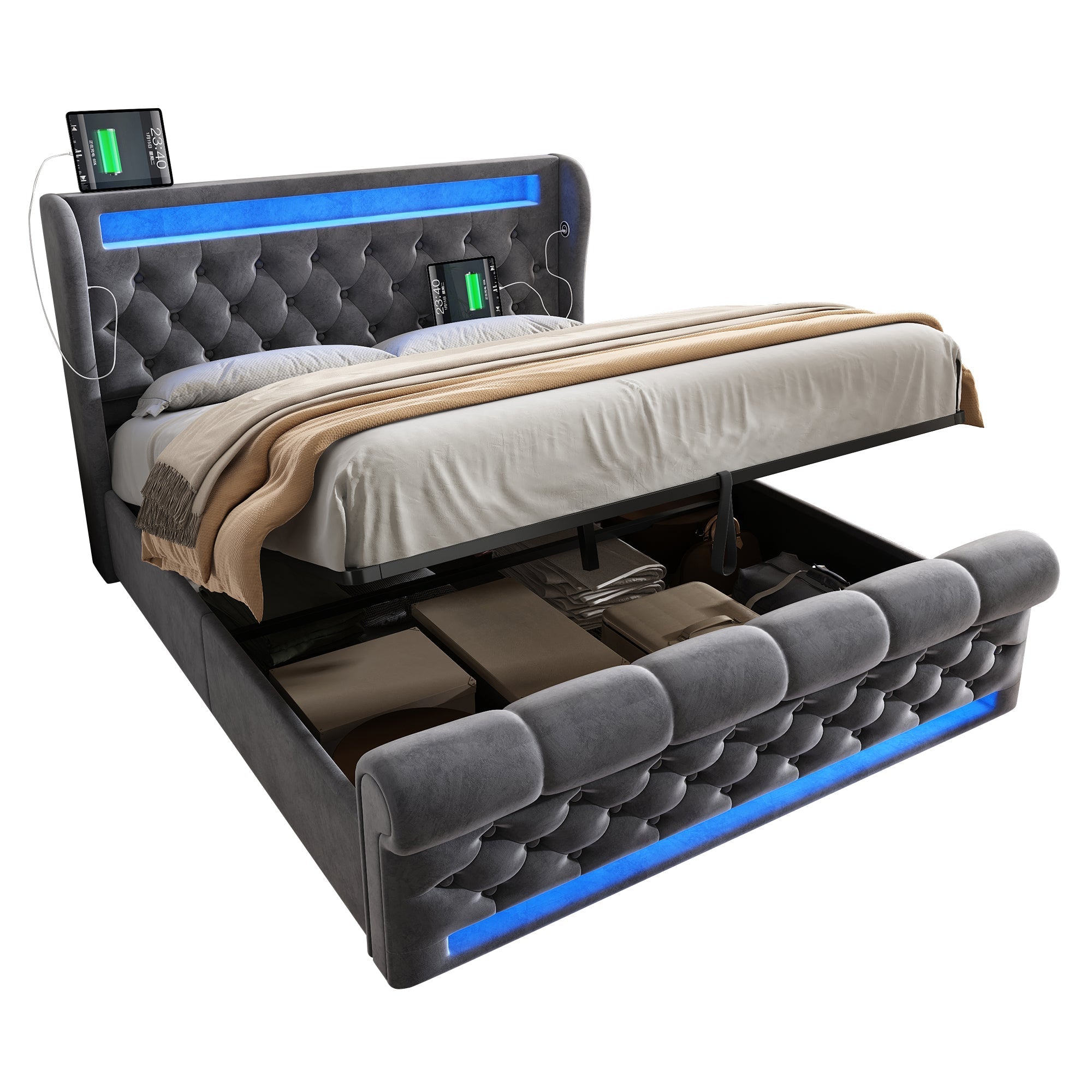 Upholstered Double Bed 140x200cm LED Headboard USB Hydraulic Storage, Grey Velvet