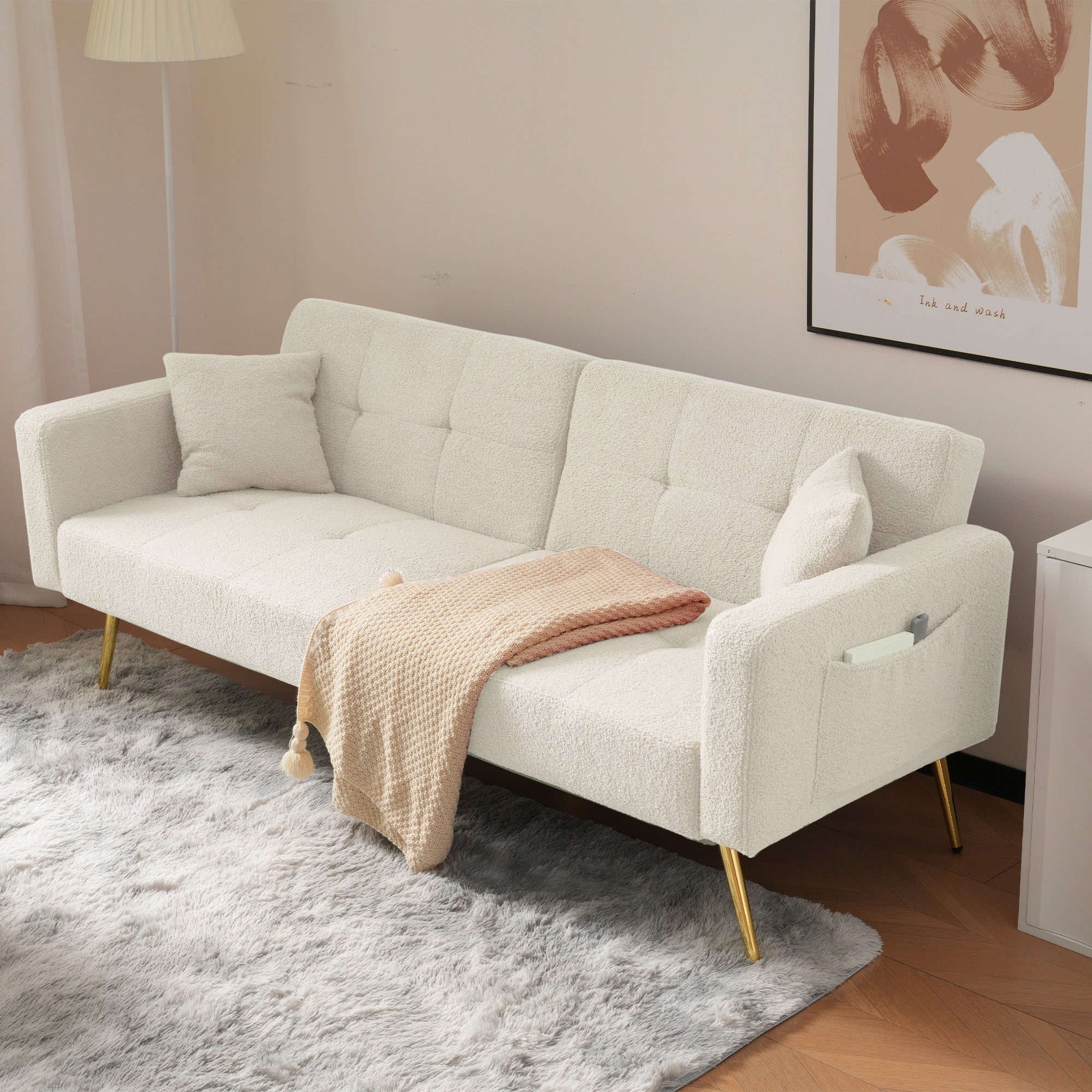 Sofa Bed, 3-Angle Adjustable Back, Gold Legs & Storage Pockets, Sherpa Fabric