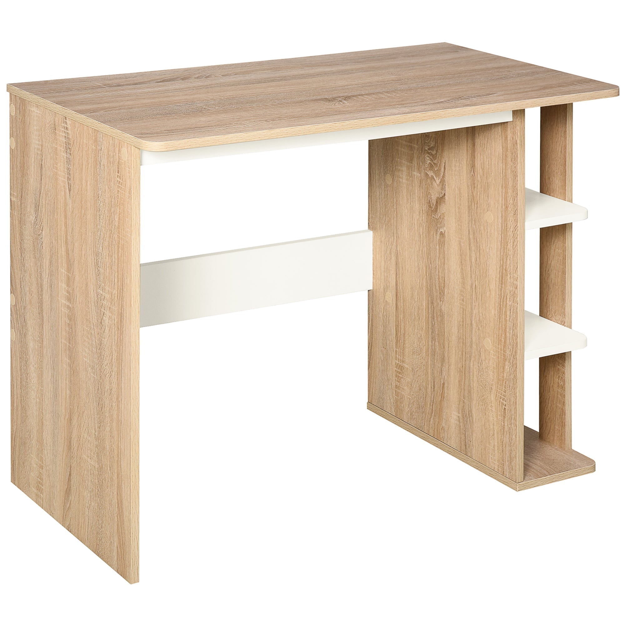 Computer Desk Writing Desk with 3-Tier Storage Shelf, Oak and White