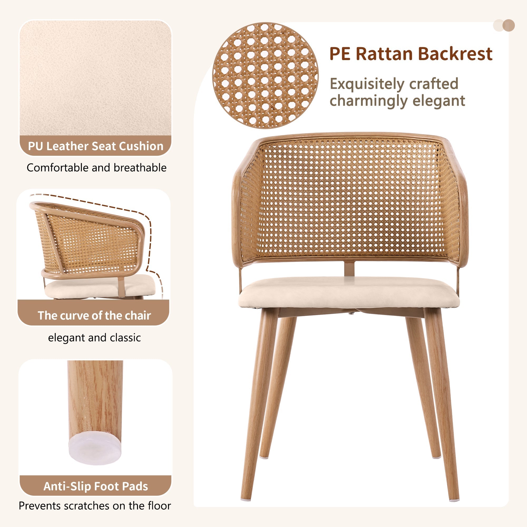 6 Dining Chairs, Modern Rattan Backrest PU Leather Seat, Rattan/PU Leather