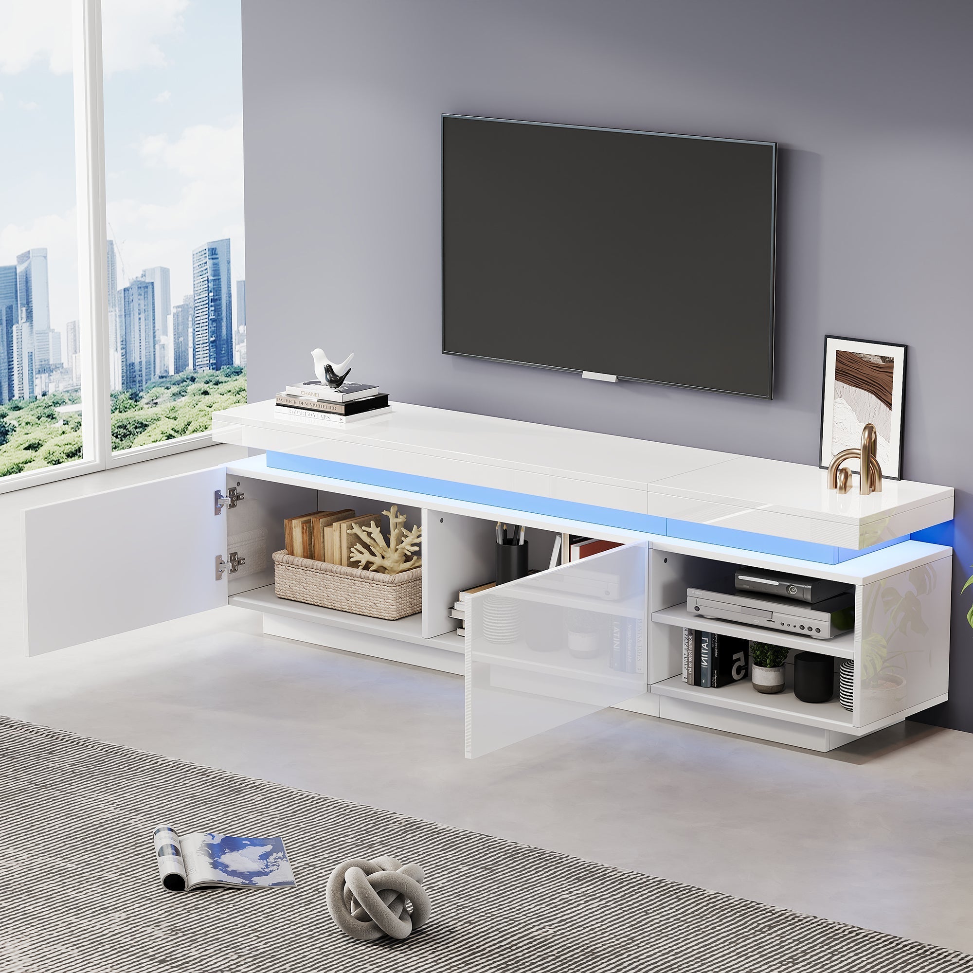 Lowboard TV Cabinet, 70-inch, High-Gloss LED, White