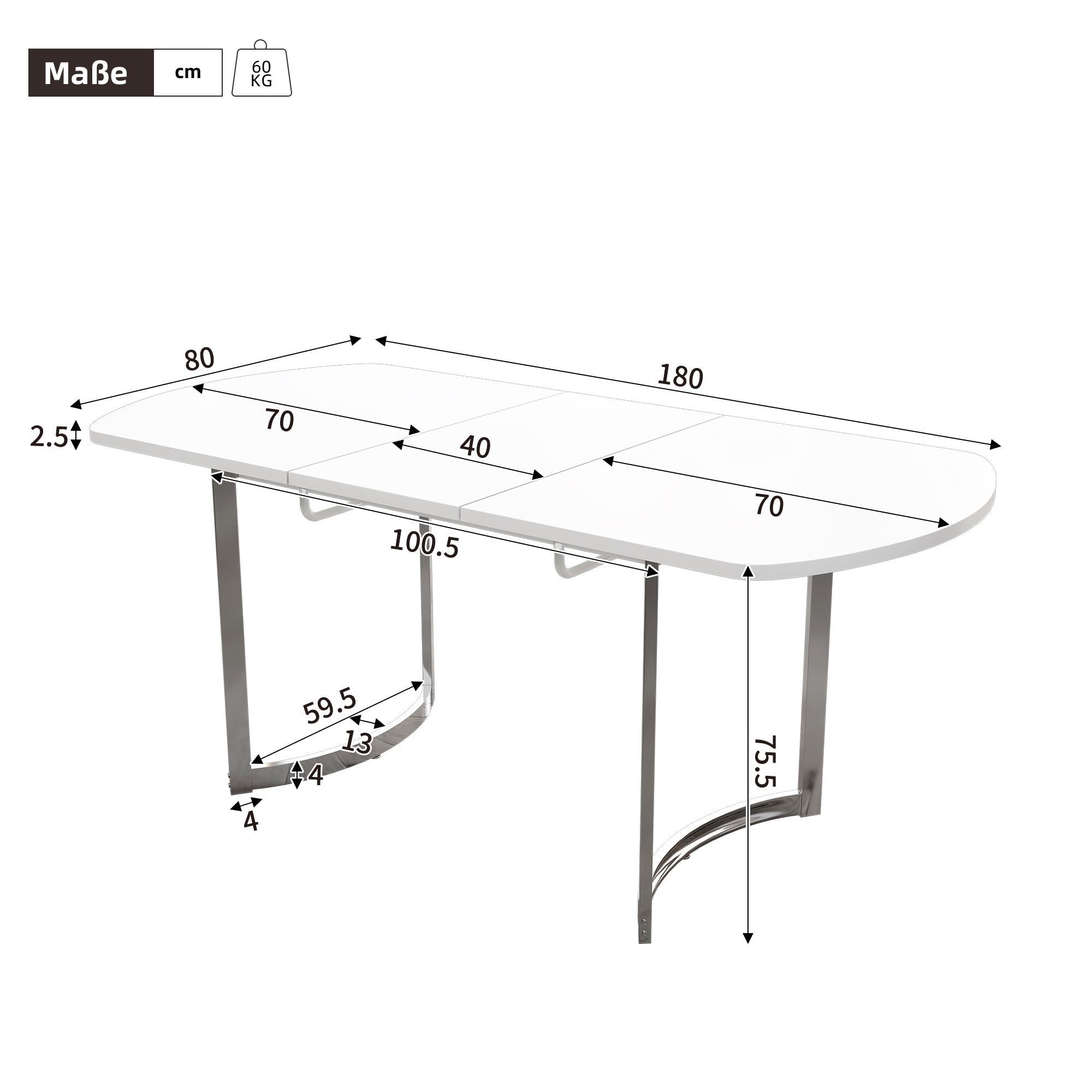 Extendable Dining Table 140/180x80cm 4-6 Seater Modern Silver Metal Legs - White