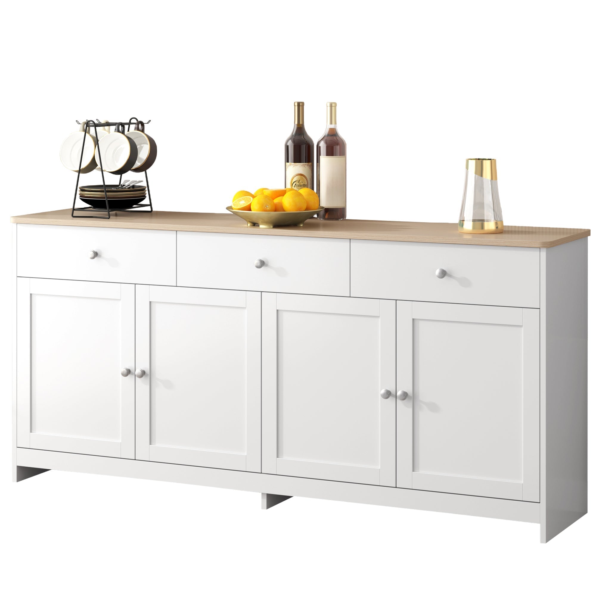 Sideboard Buffet Cabinet with 4 Doors and 3 Drawers, White Wood Grain and Natural Wood Color