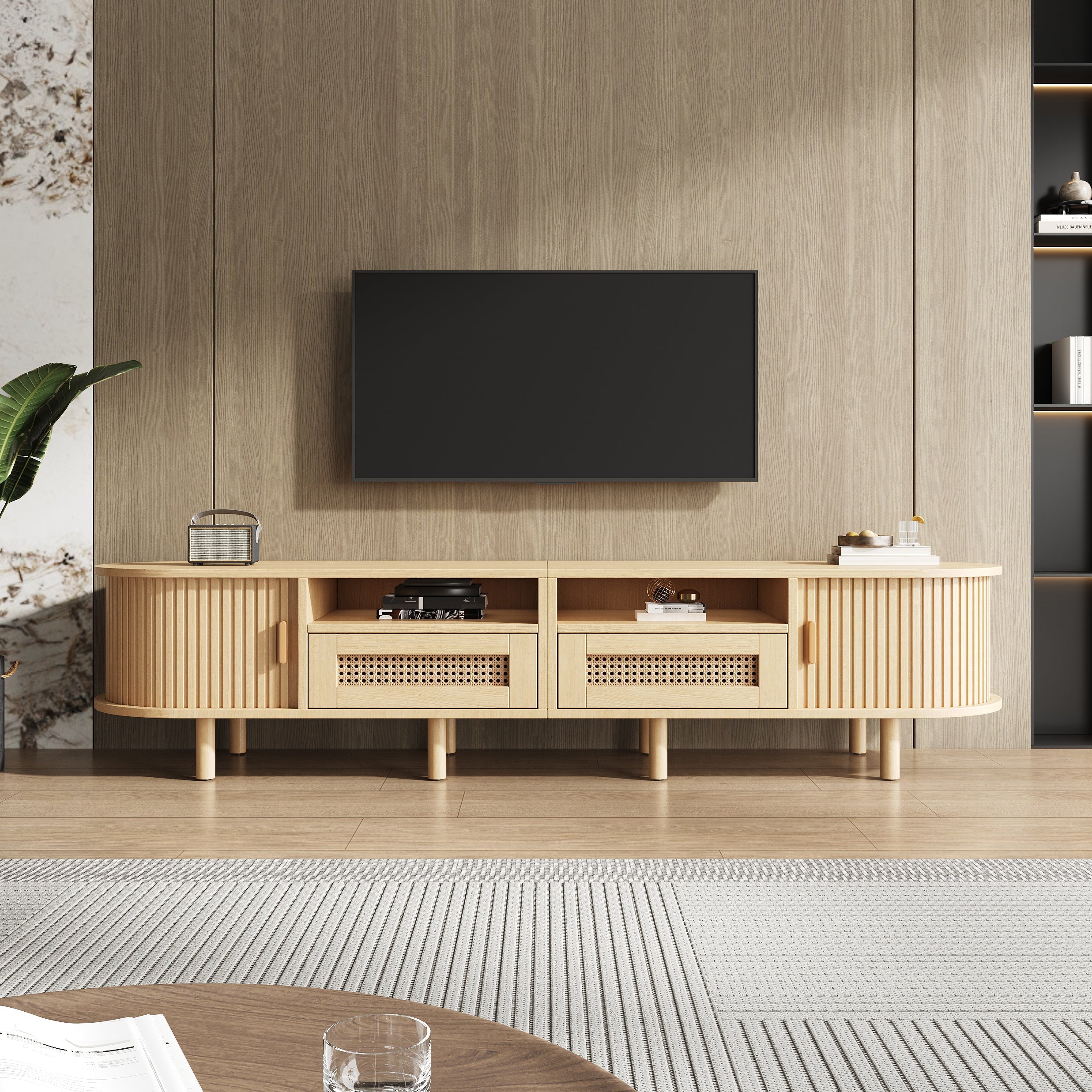 Oval TV Stand for 70 Inches, 2 Rattan Drawers, 2 Sliding Doors, Wood Color