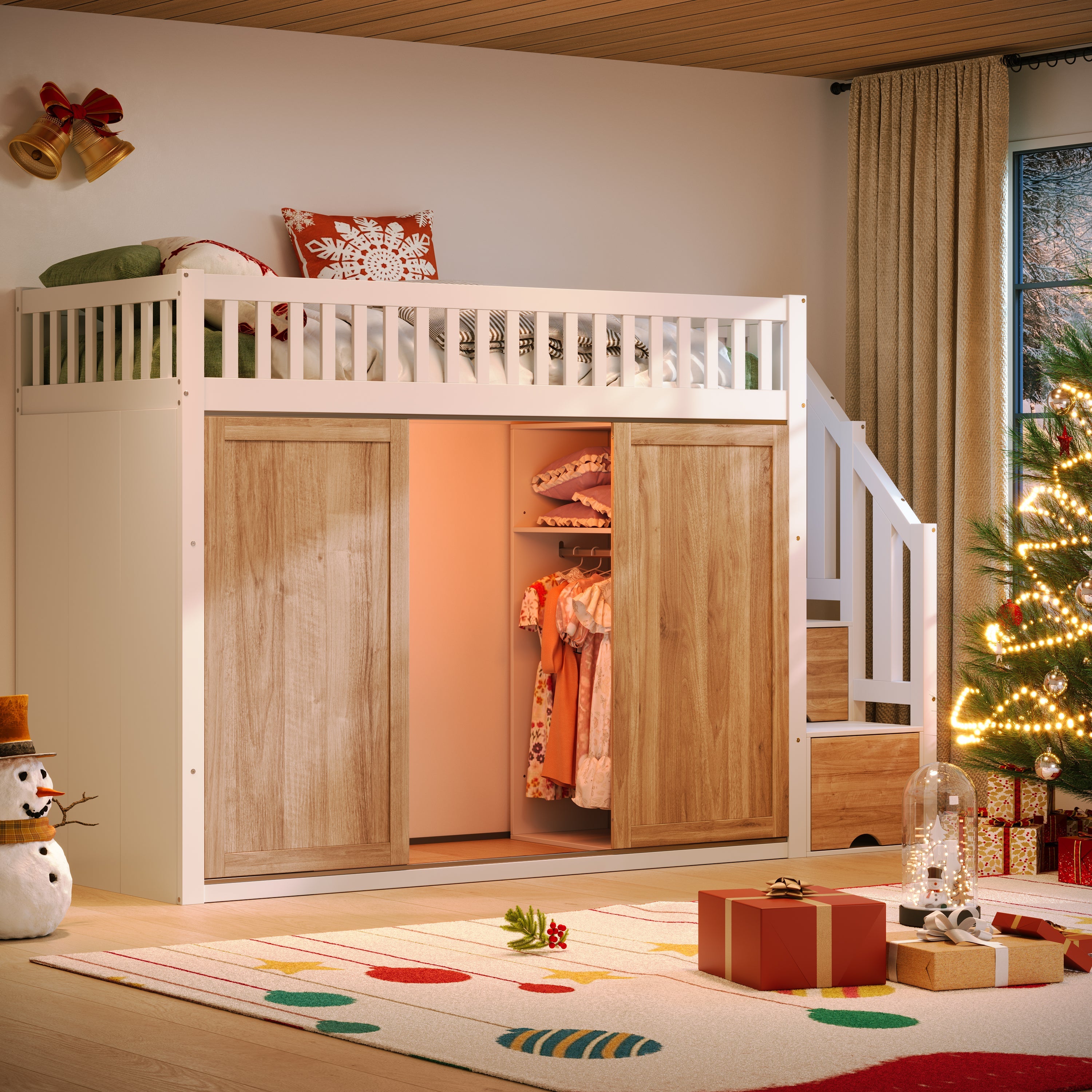 Children's Bunk Bed (90x200 cm) Multifunctional with Wardrobe Staircase LED Strip - White and Oak