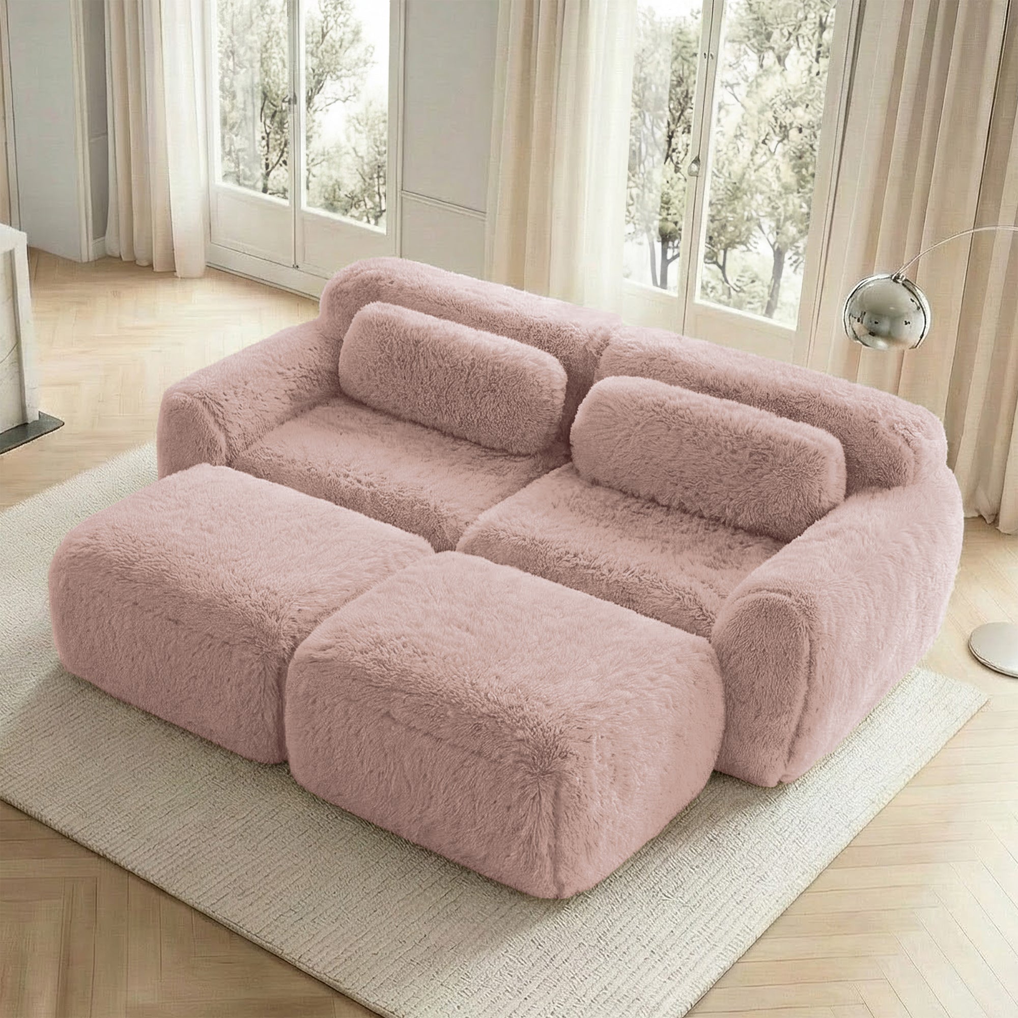 Boneless Cloud Sofas Modular Sleeper Sofa with 2 Ottomans Two-Seater Soft Plush Pink