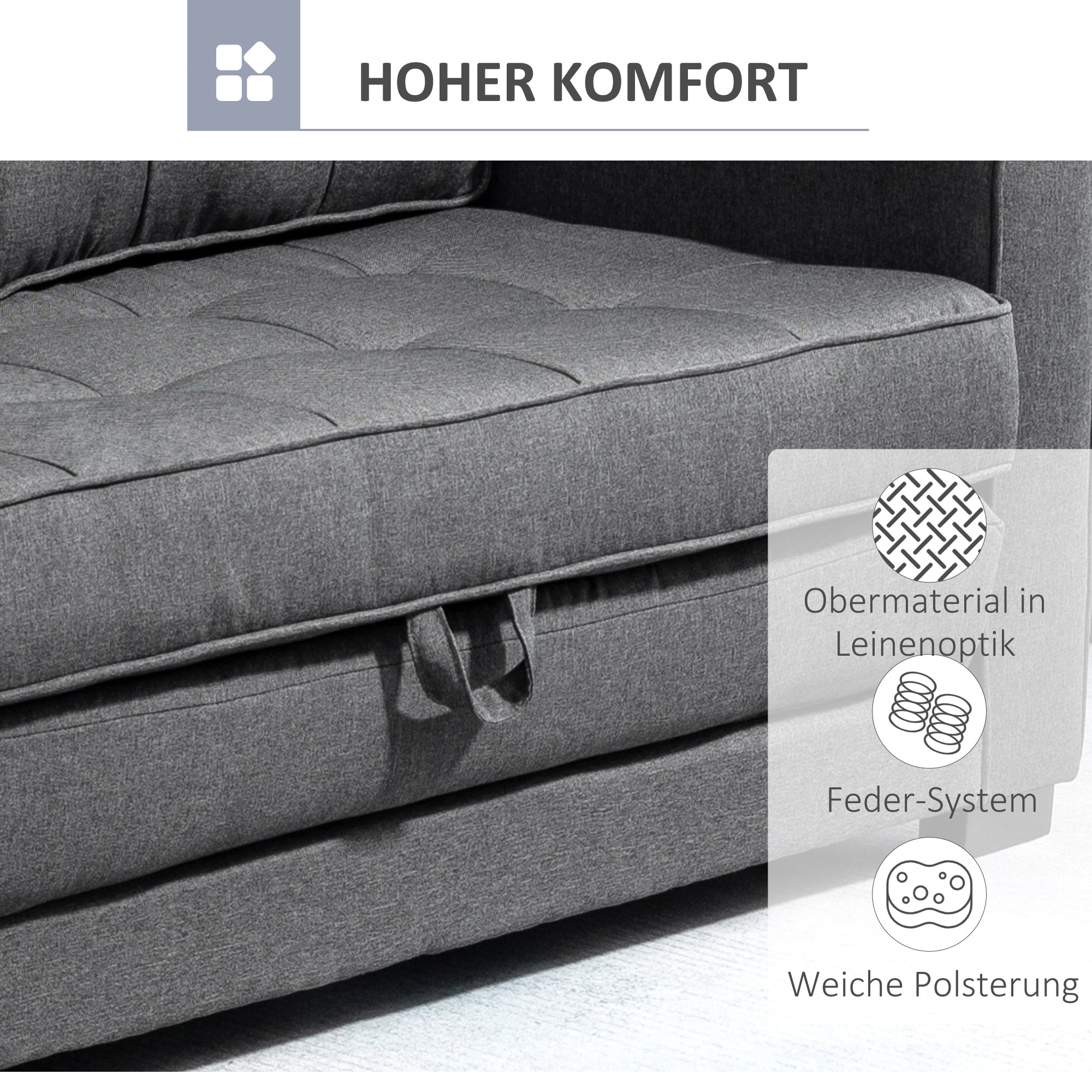 Sleeper Sofa Convertible 2-Seater with Sleeping Function, Linen Touch, Grey Rubberwood