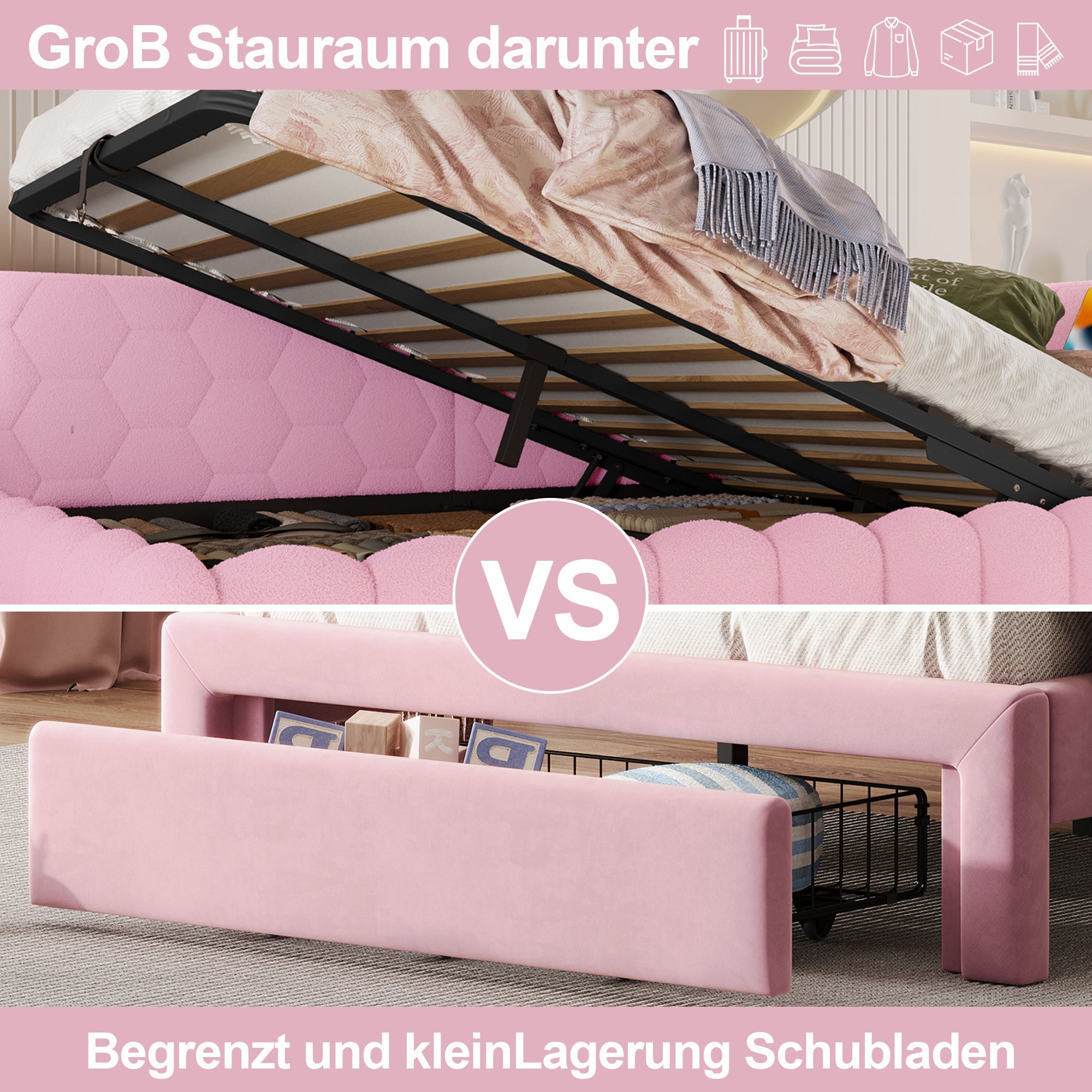 Daybed Sofa Bed 140x200cm Hydraulic Storage LED USB/Type-C - Imitation Fleece Pink