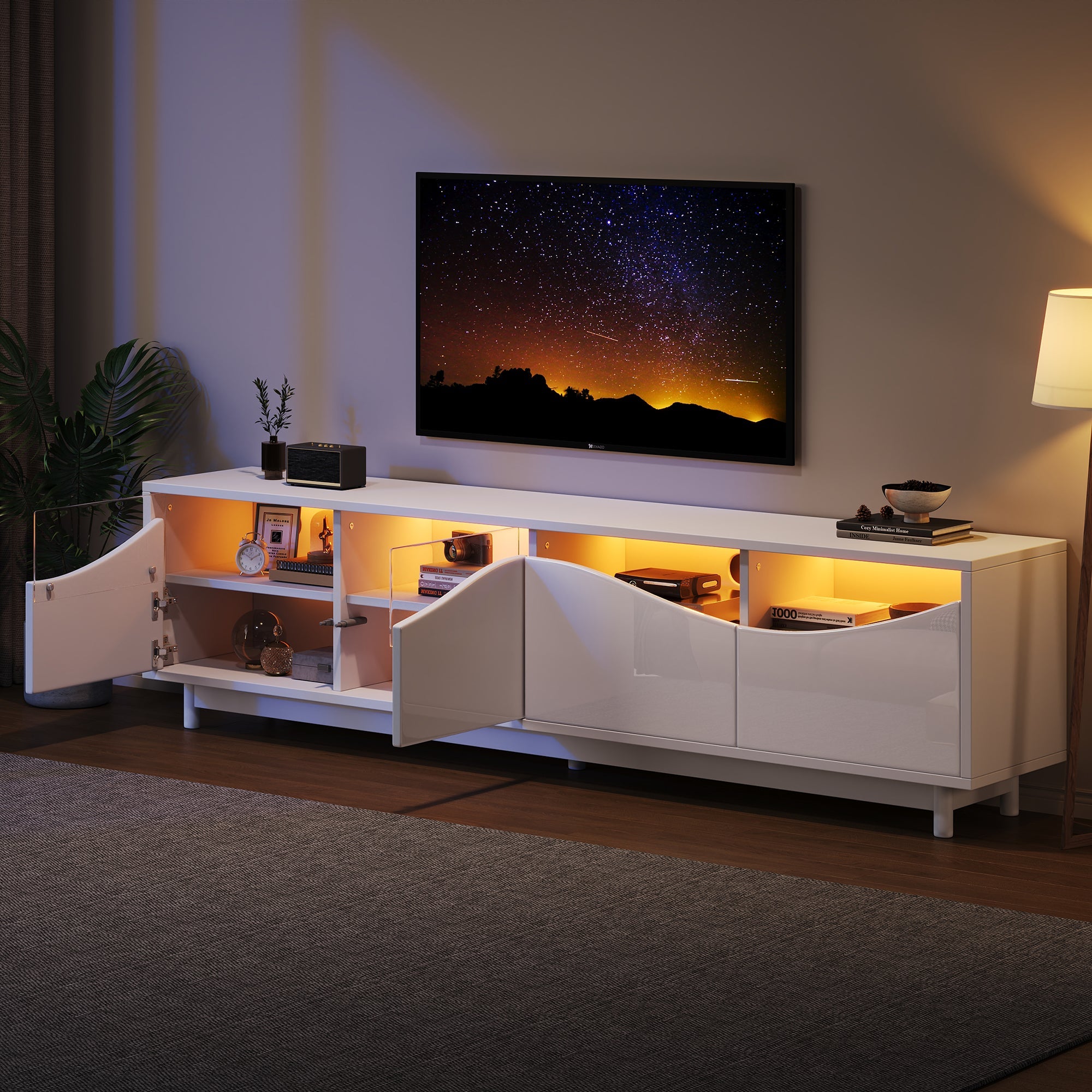 TV Cabinet, Curved High-Gloss with Tempered Glass Door & LED Lighting, White