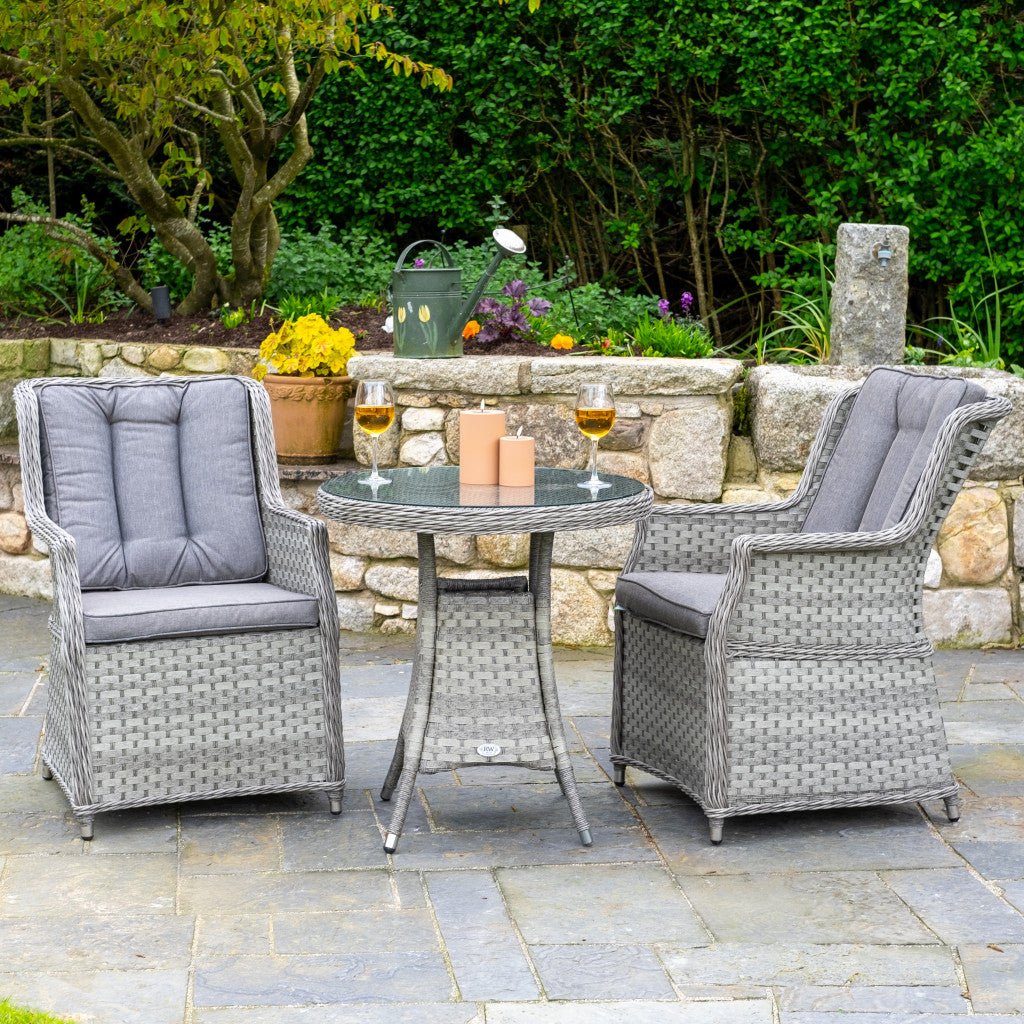 Bali - Rattan Bistro Set with Table & Two Armchairs with Cushions (Grey) - Rathwood Store