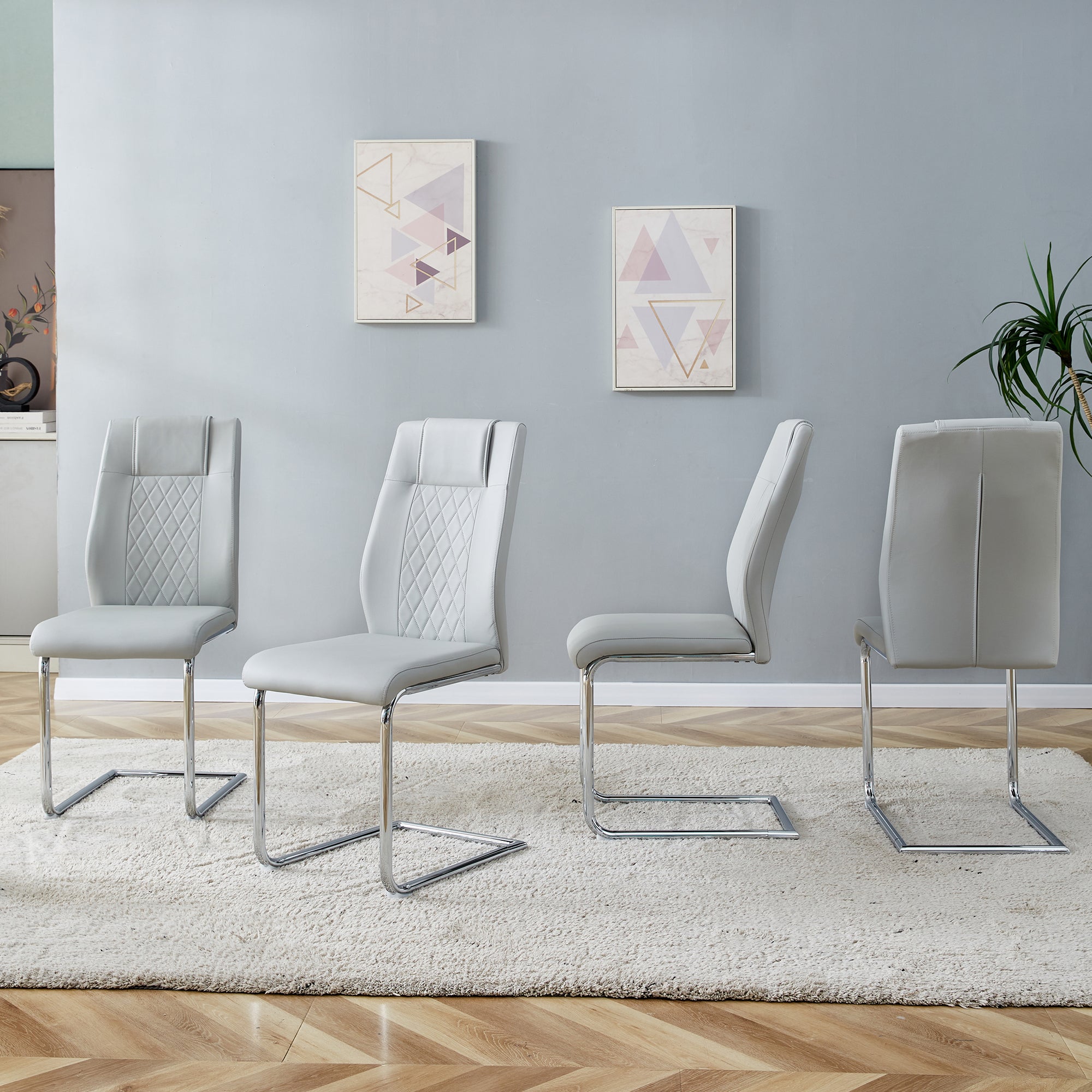 Scandinavian Dining Chairs Set of 4 Mesh Back Silver Metal Legs - Light Grey PU Leather