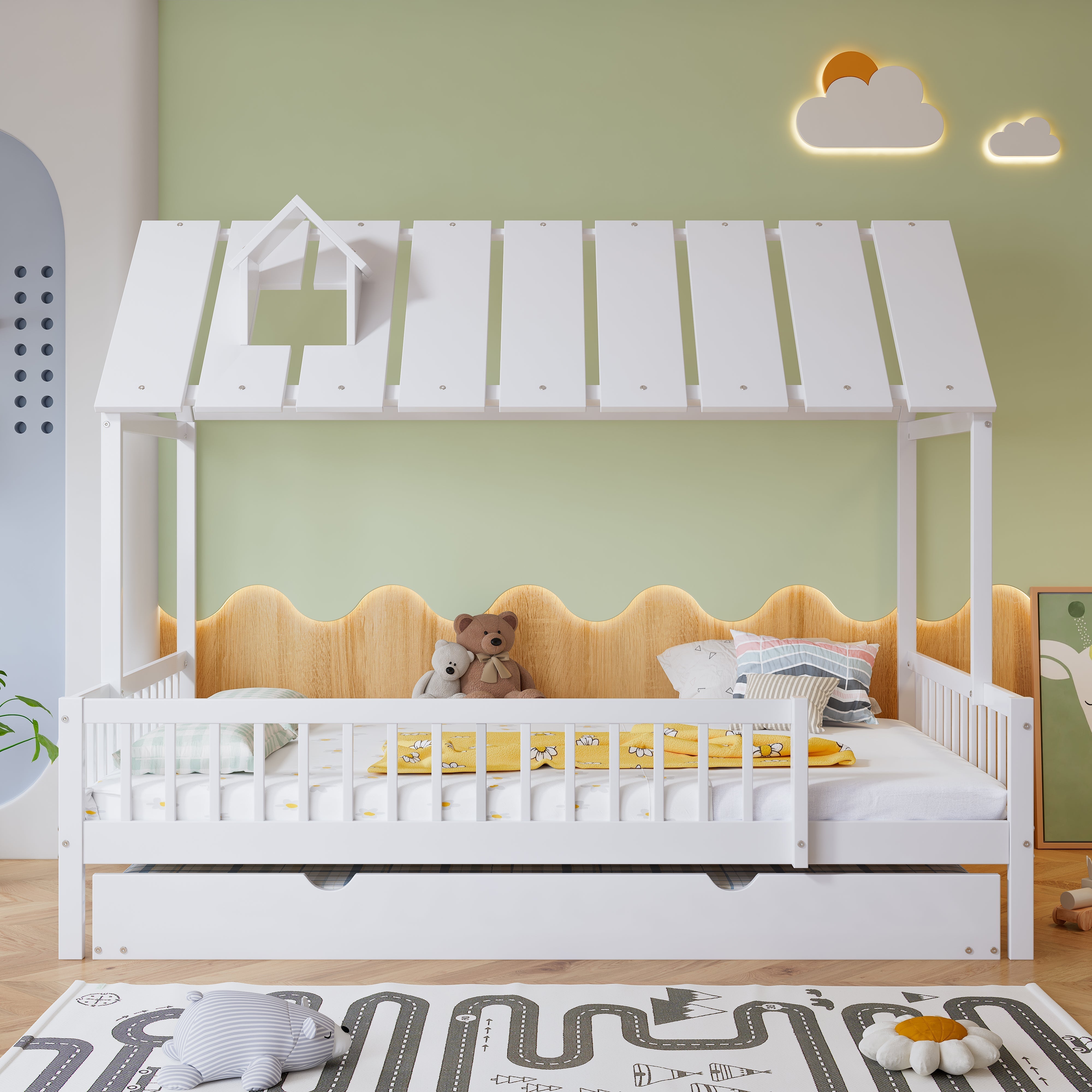 House Bed, Trundle Bed with Chimney, 3-Sided Rail, Pine+MDF, White