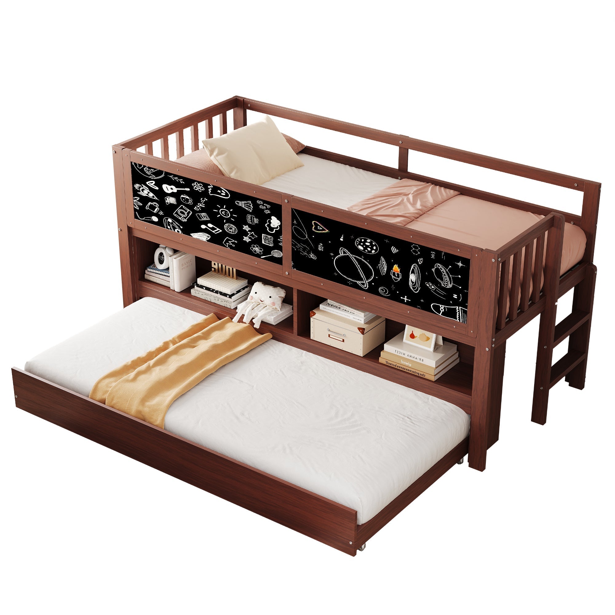 Extendable House Bed 90x200cm with Chalkboard, Storage & Climbing Ladder - Solid Wood Brown