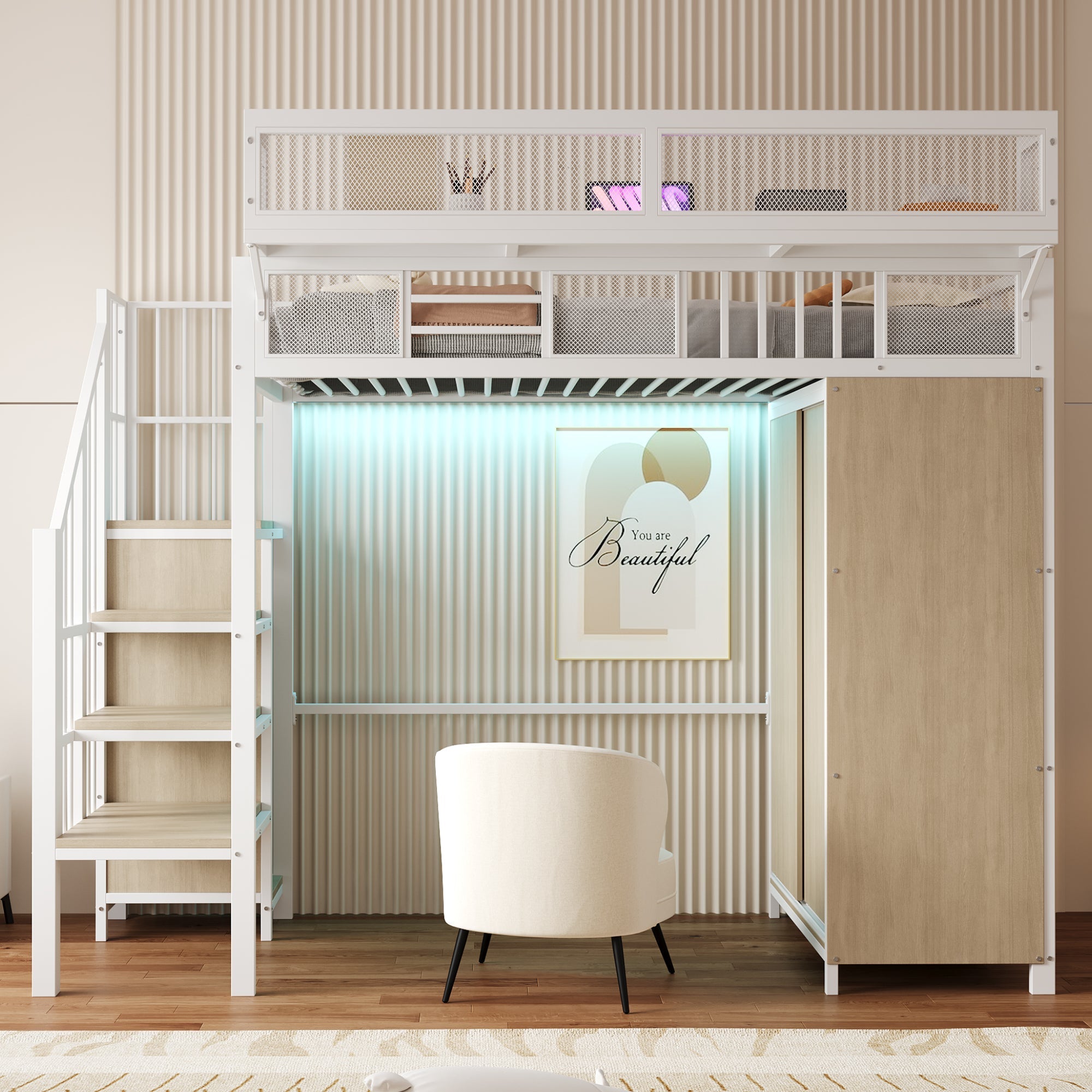 Metal Loft Bed with Wardrobe, Safety Ladder and LED Lighting, White