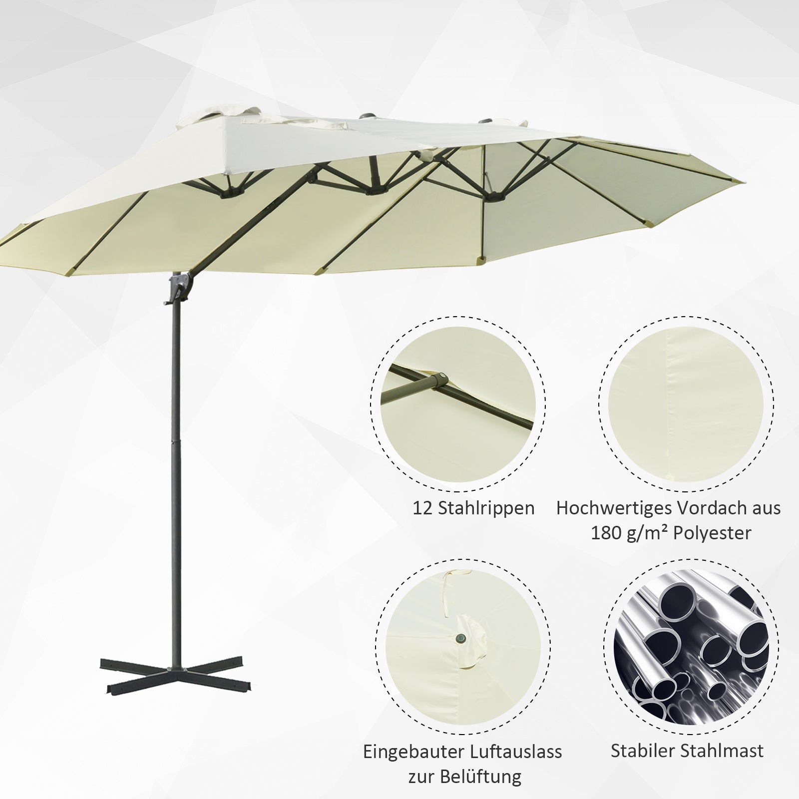 Double Parasol Cantilever Sun Protection Adjustable Crank Metal Cream White