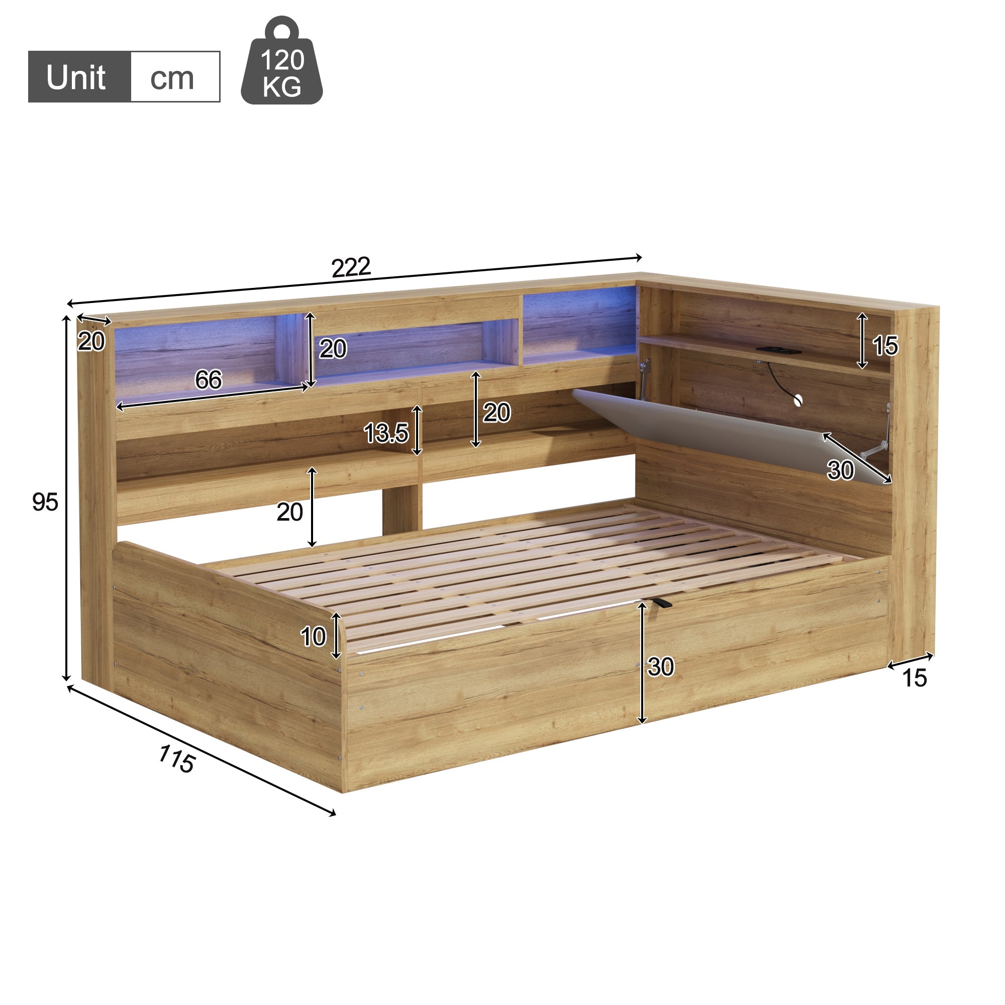 Daybed with Hydraulic Storage, USB Charging and LED Lighting, 90x200cm, Natural Wood