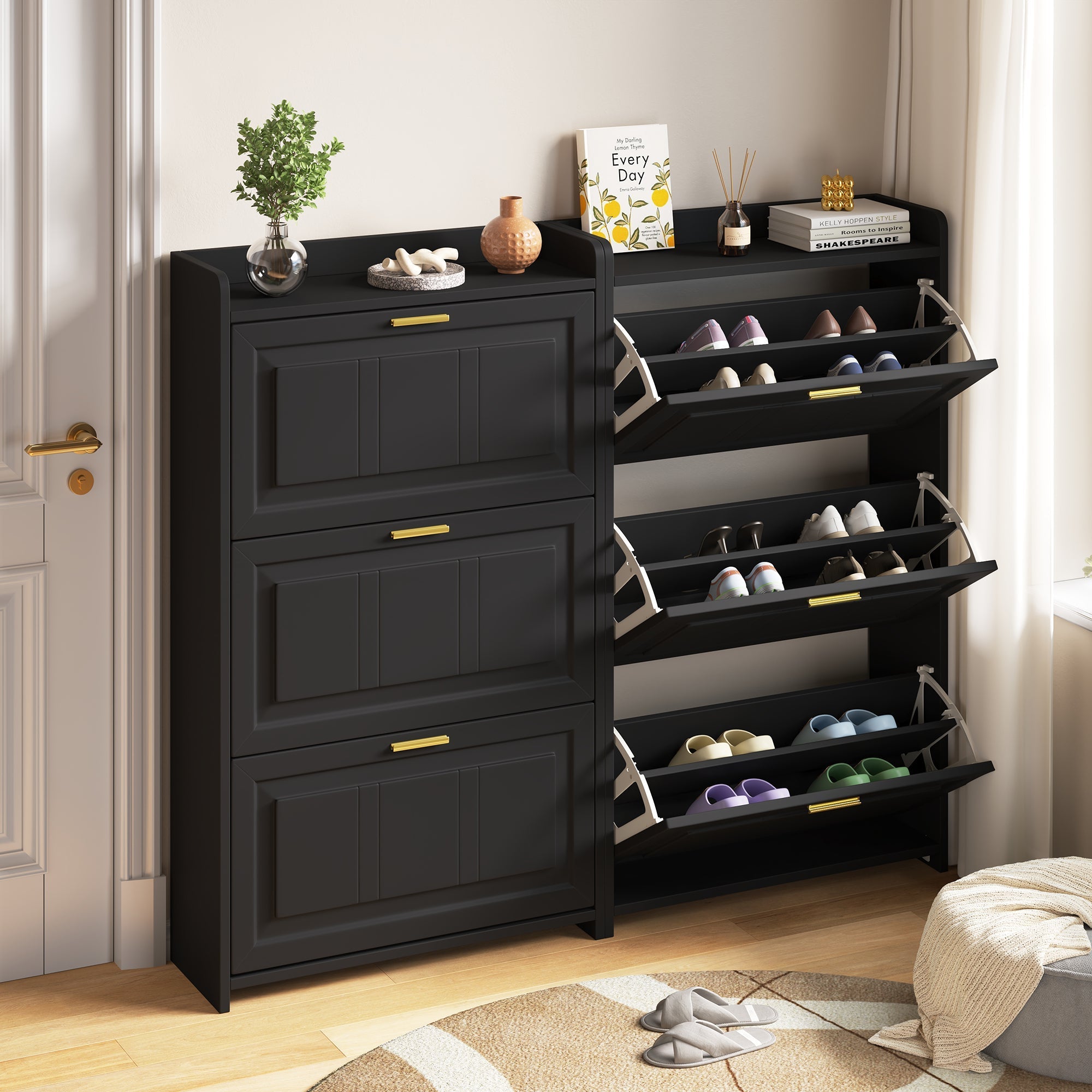 Shoe Cabinet Set with 6 Compartments and 2-Piece Design, Black MDF and Chipboard