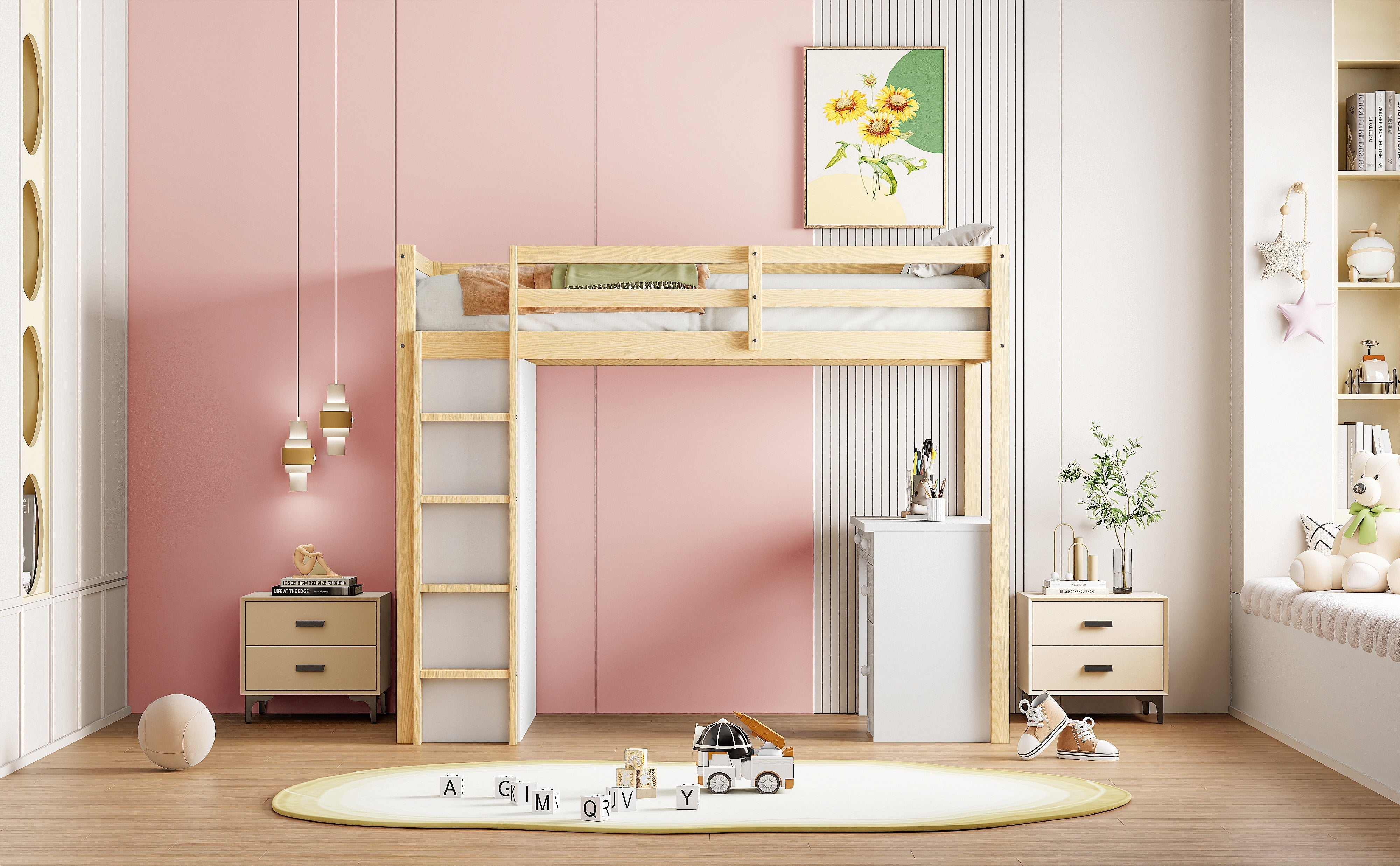 Loft Bed, Multifunctional with Storage & Desk, 90x200cm Wood