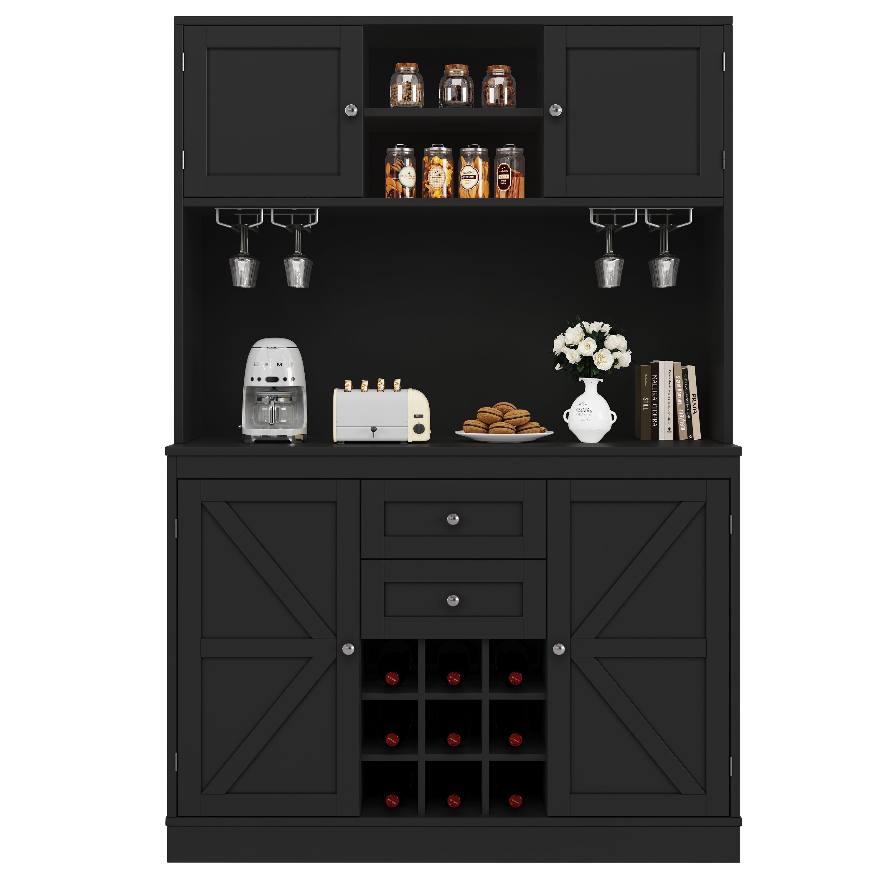 Kitchen Buffet Cabinet with 4 Doors and 2 Drawers, Adjustable Shelves and Wine Rack, Black