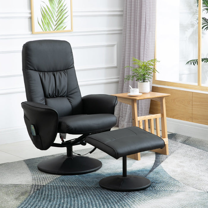 Reclining Massage Armchair TV Chair with Footstool, Storage, 10-Point Vibration, Faux Leather Black