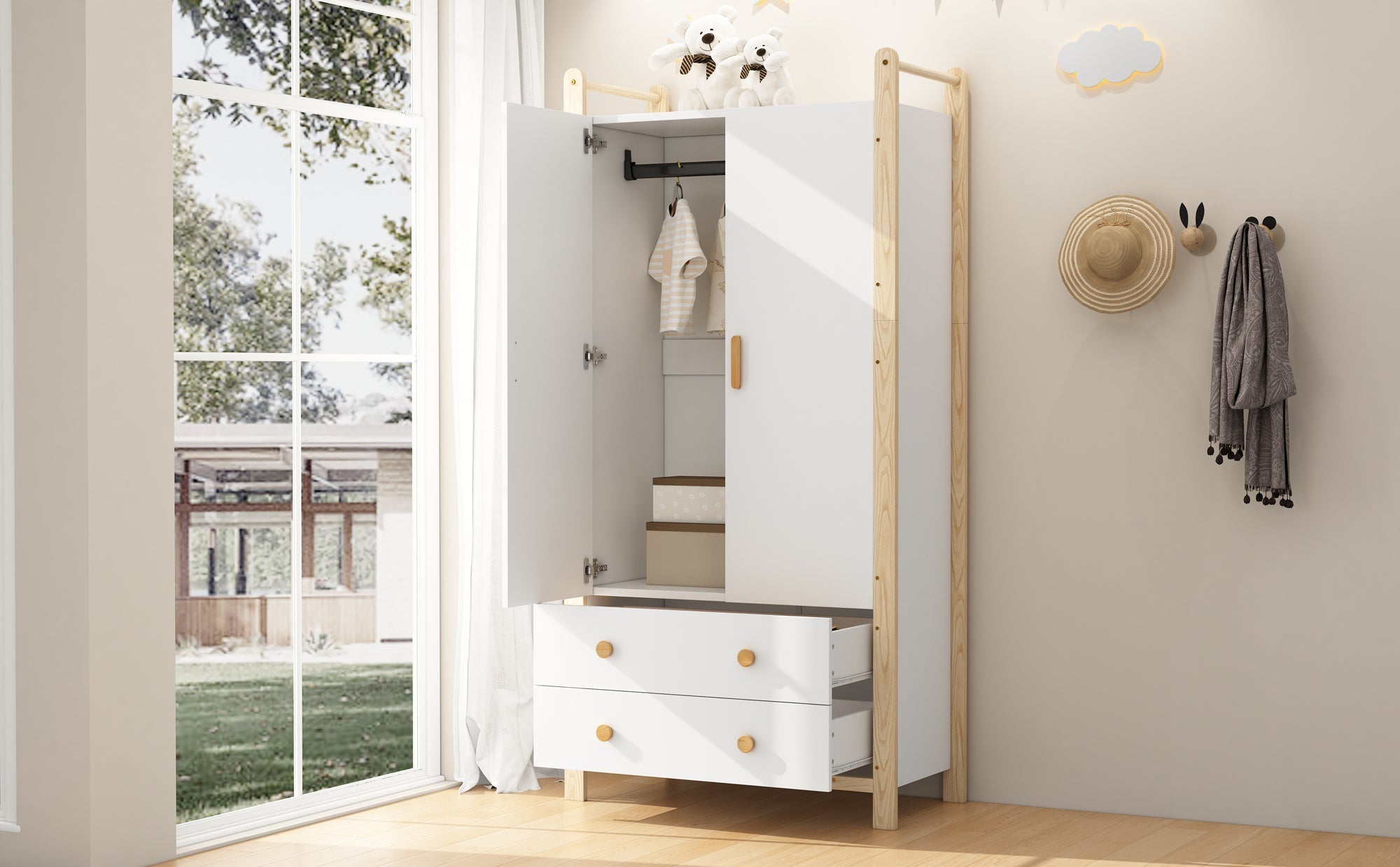 2-Door Wardrobe with Clothes Rail & 2 Drawers, 90x45x180 cm - White/Pine