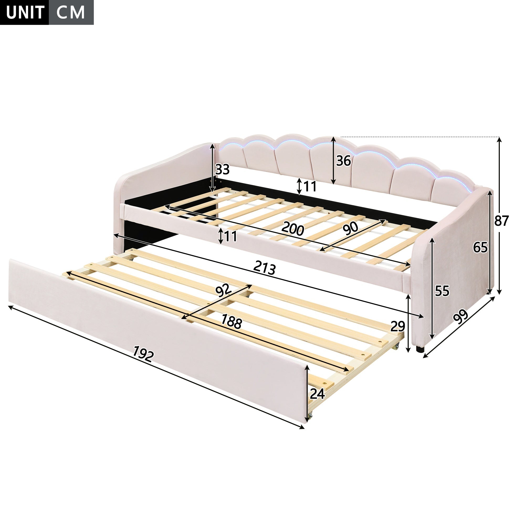 Daybed Sofa Bed 90x200cm Pull-out Bed Ambient Light Remote Control - Velvet Pink