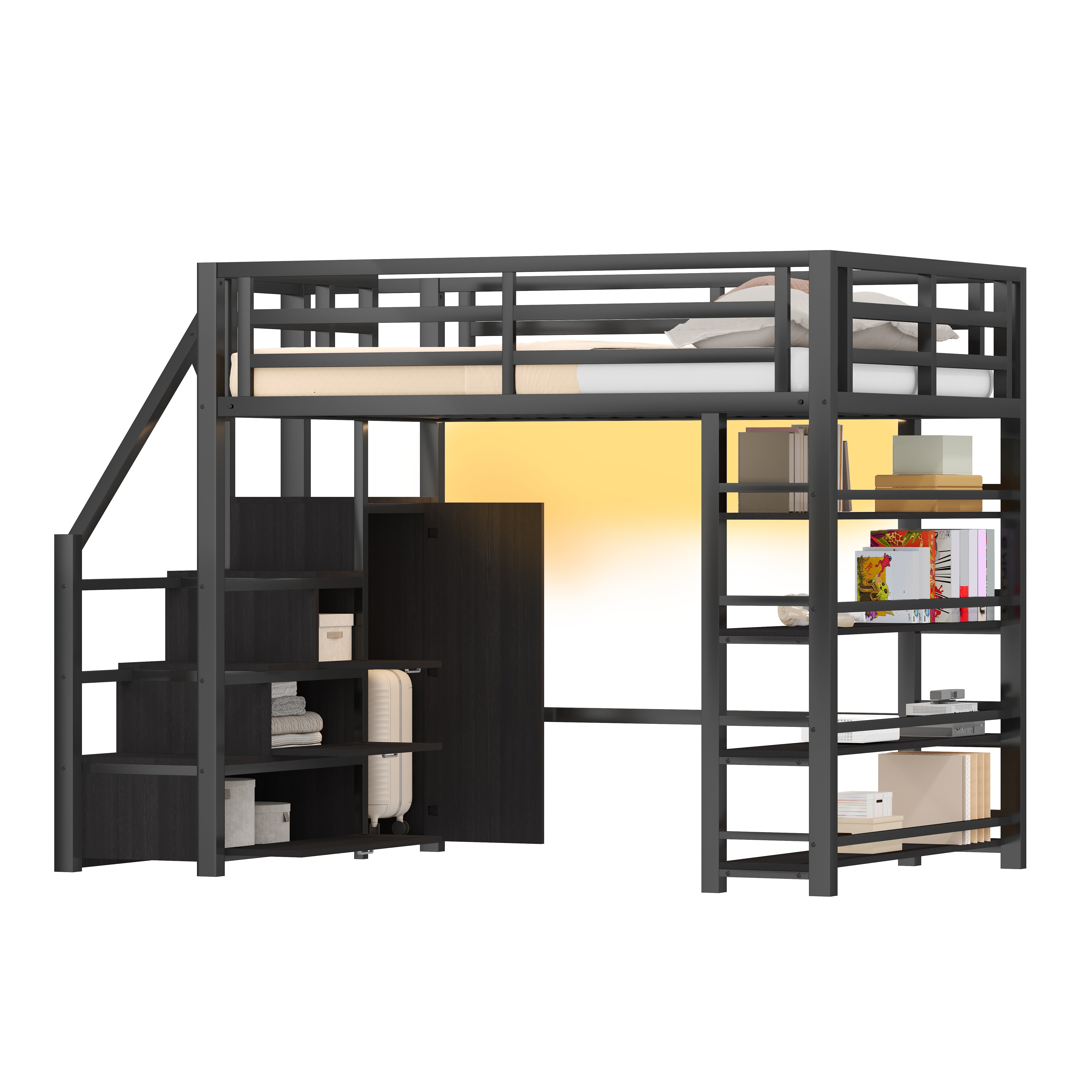 140x200 Metal Loft Bed with Wardrobe, Cabinets and LED Lighting, Black