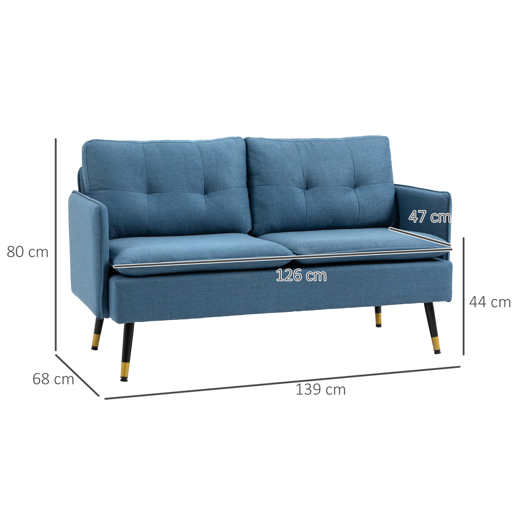 2-seater Sofa, Thick Cushion Upholstered with Steel Legs, Dark Blue