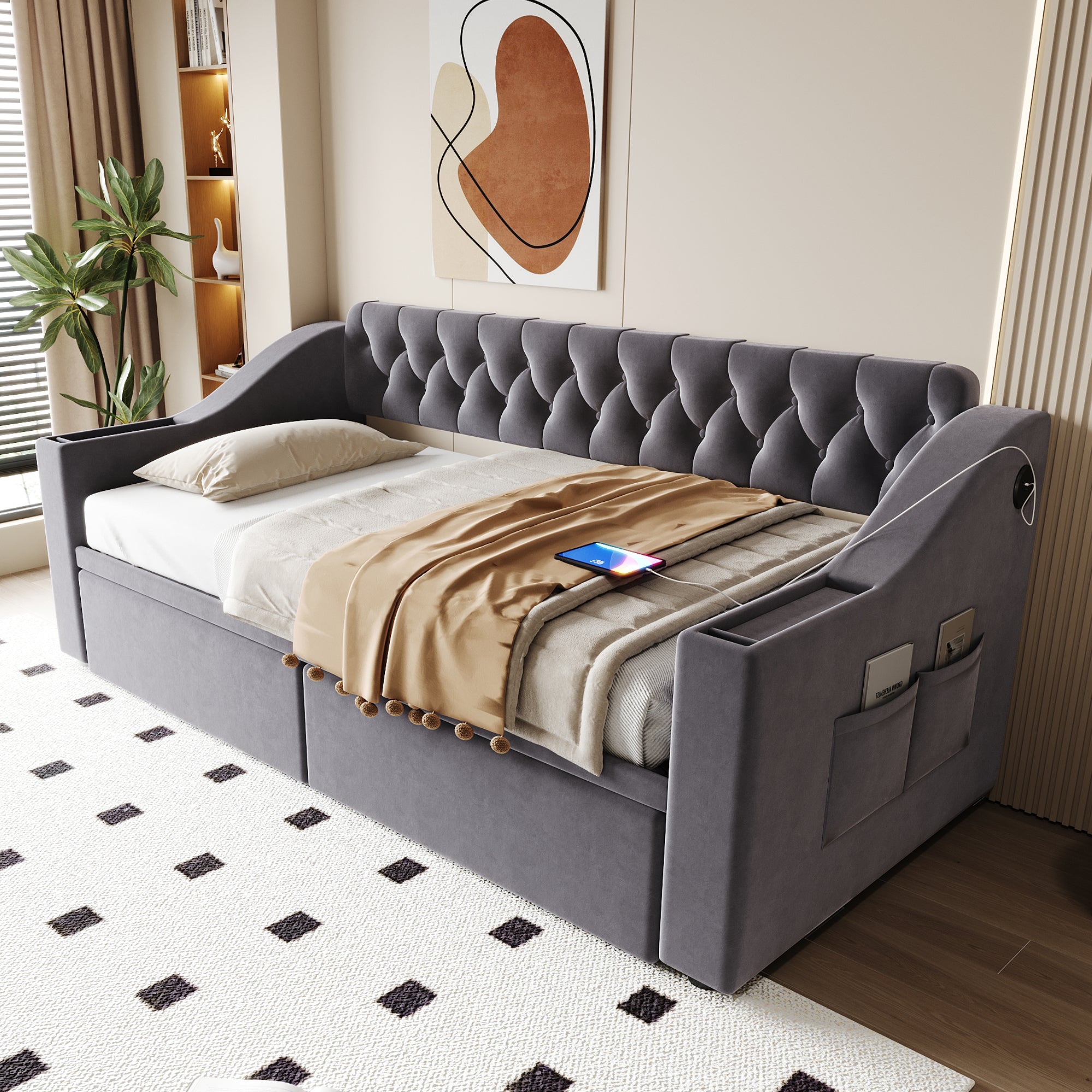 Upholstered Sofa Bed with USB Port and Storage Drawers, Dark Grey Velvet