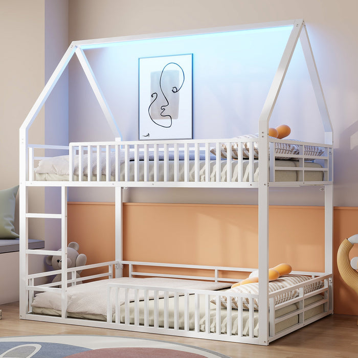 House-Shaped Bunk Bed with Fence and LED Light, 140x200cm, White