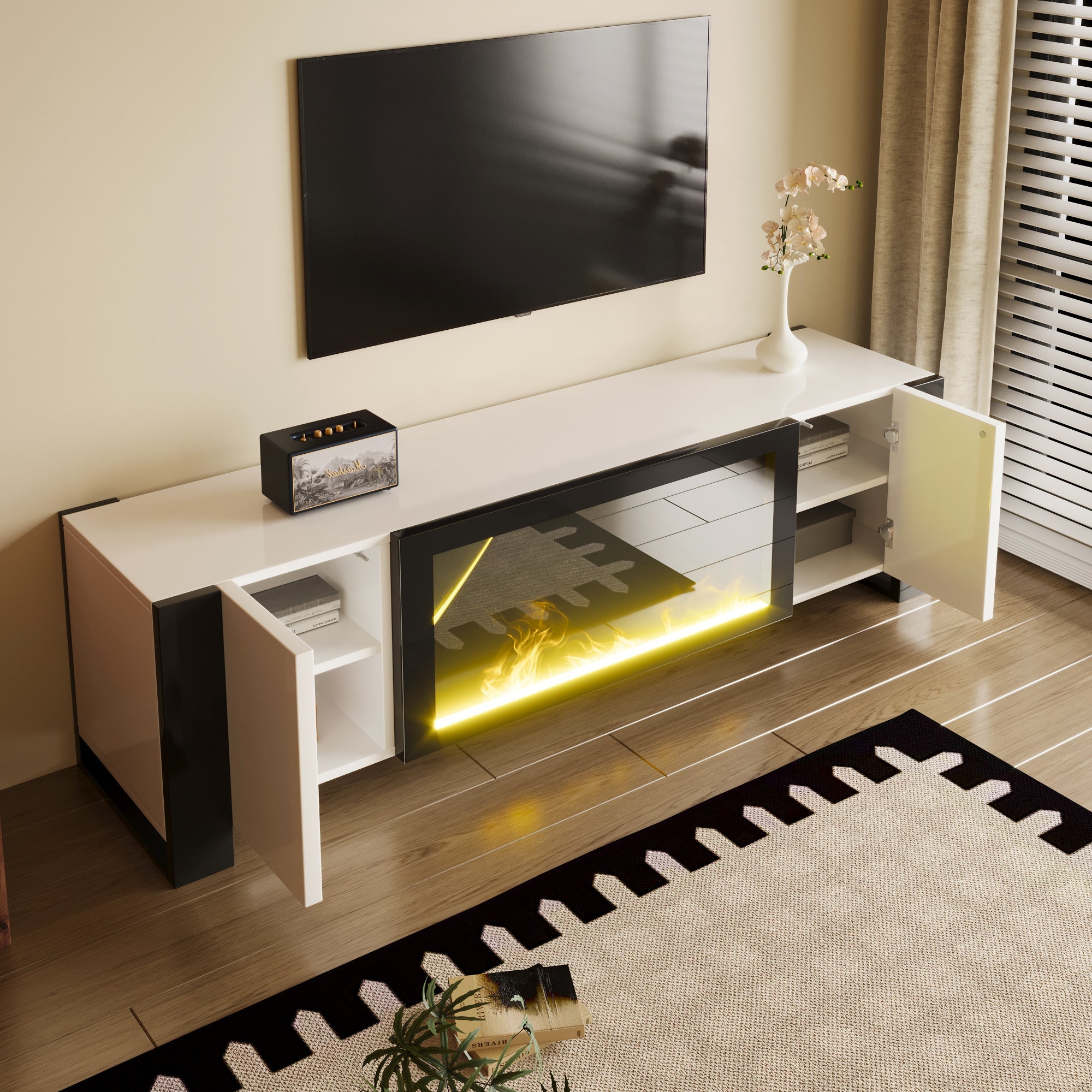 TV Cabinet, Lowboard Electric Fireplace High Gloss, White and Black