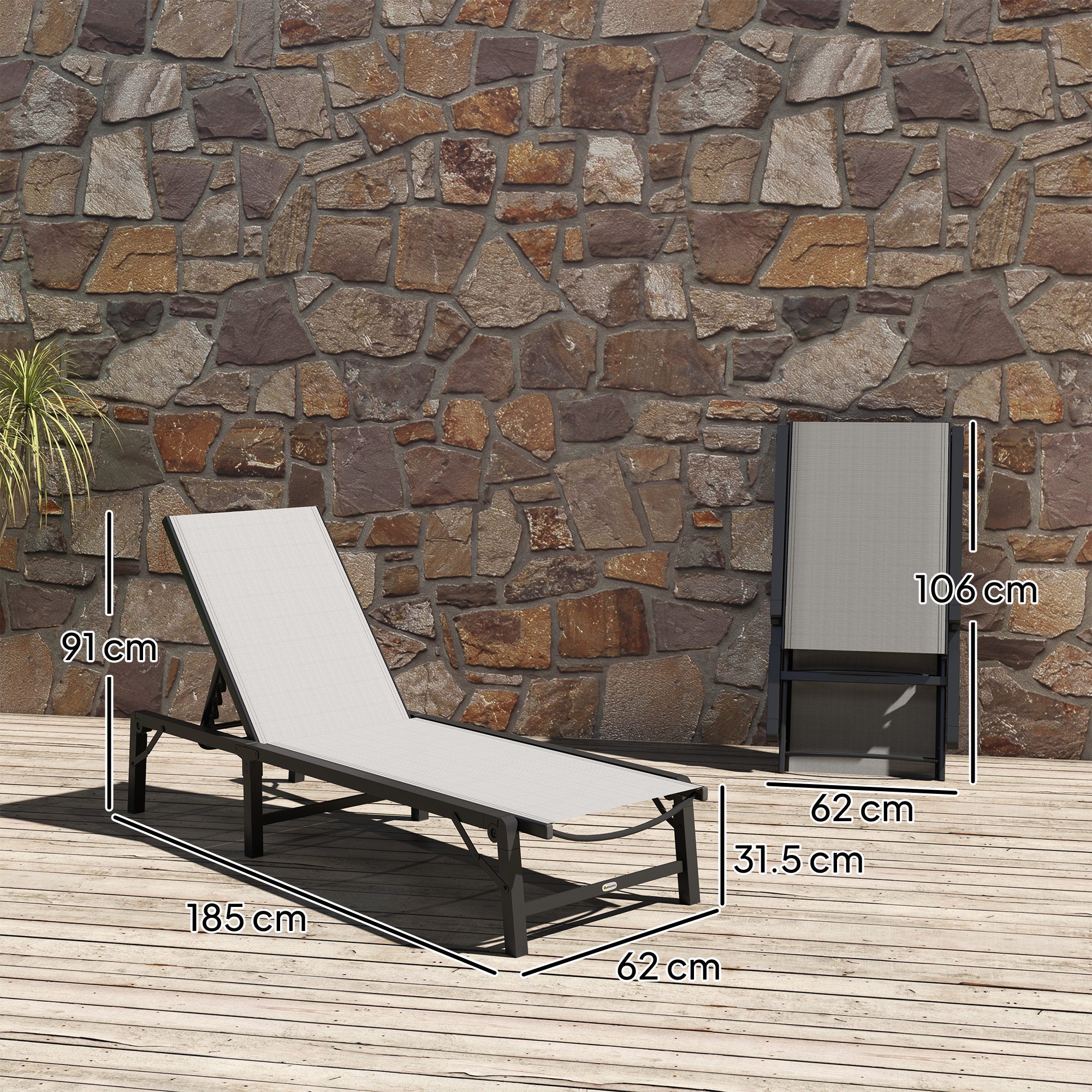 Folding Sun Lounger, 5-Position Adjustable Reclining with Steel Frame, Light Grey