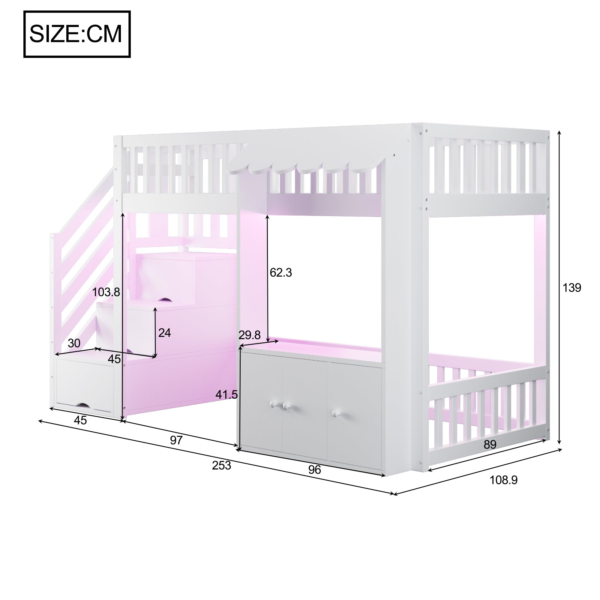 Wooden Loft Bed with Storage Wardrobe, Stairs and LED Light, 90x200cm, White Wood