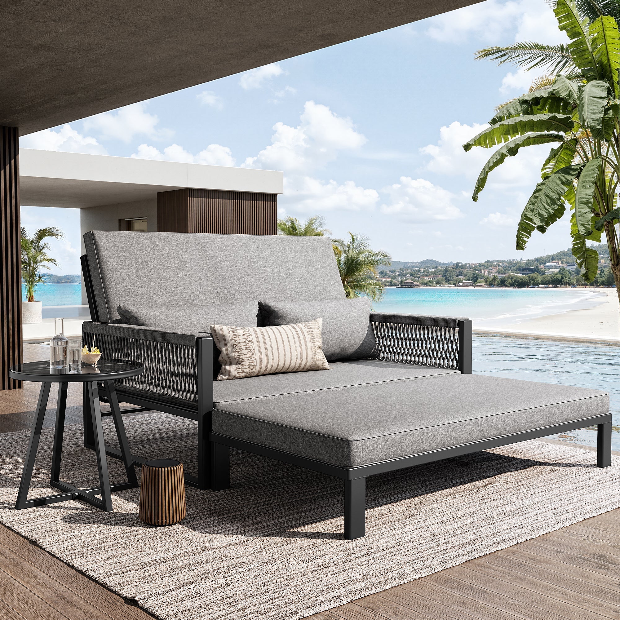 Garden Lounger with Woven Iron Armrests and Glass Coffee Table, Grey
