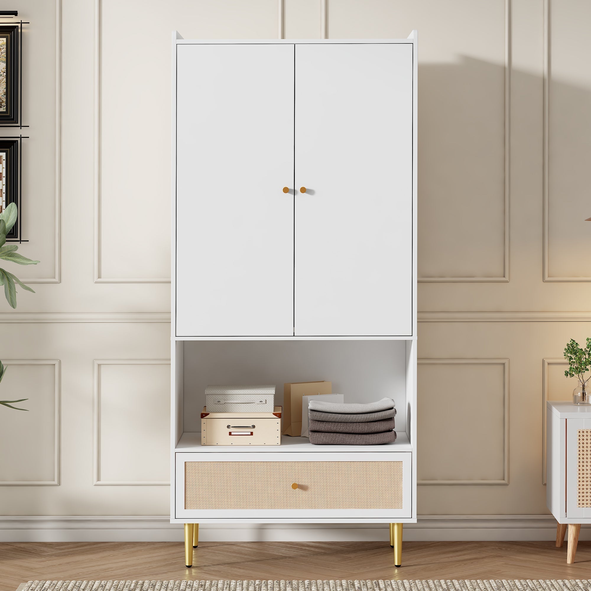 Wardrobe with 2 Doors, Rattan Drawer and Clothes Rail, White