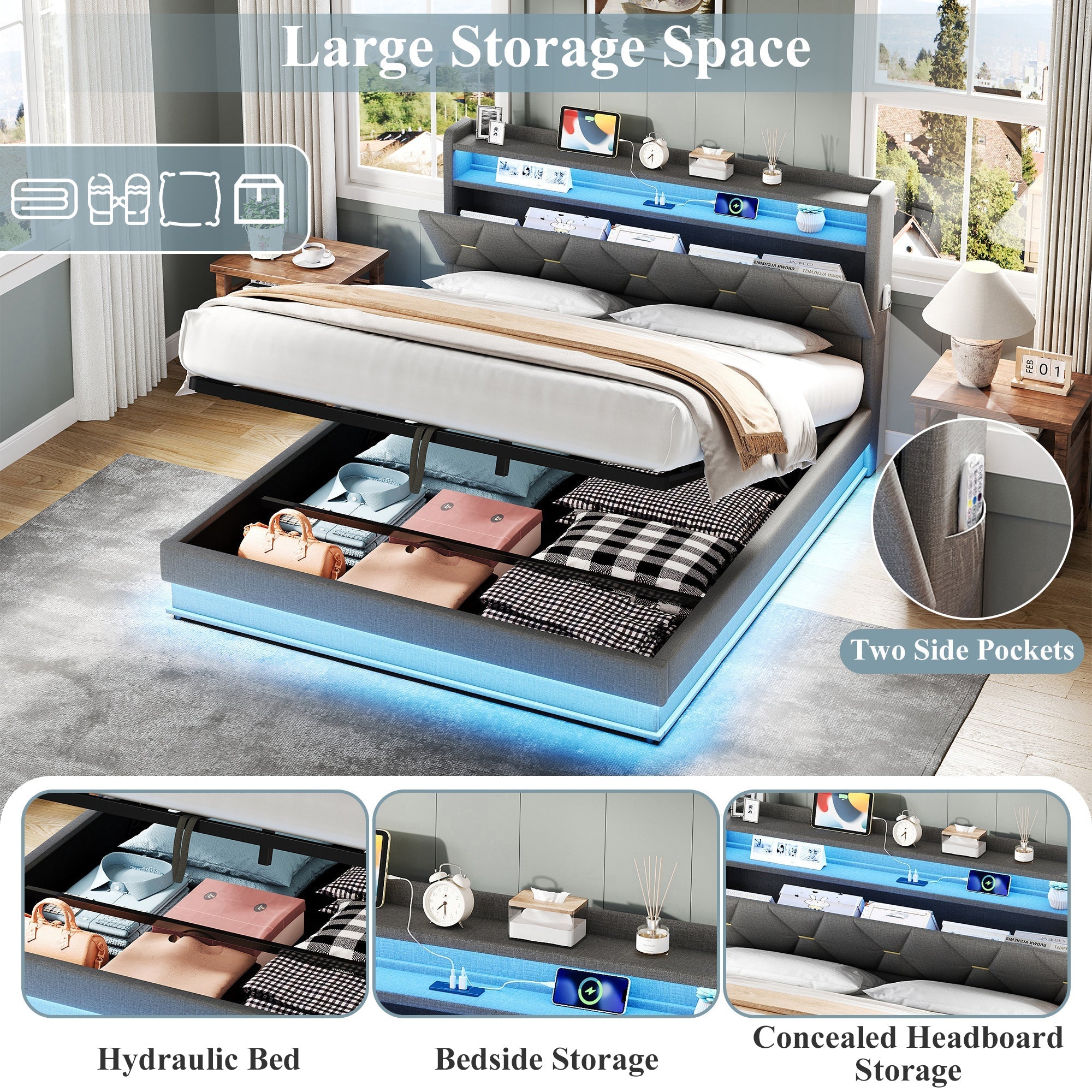 5ft King Upholstered Bed Frame with Hydraulic Storage, LED Headboard, Charging Station, USB/Type-C Ports, Linen Grey