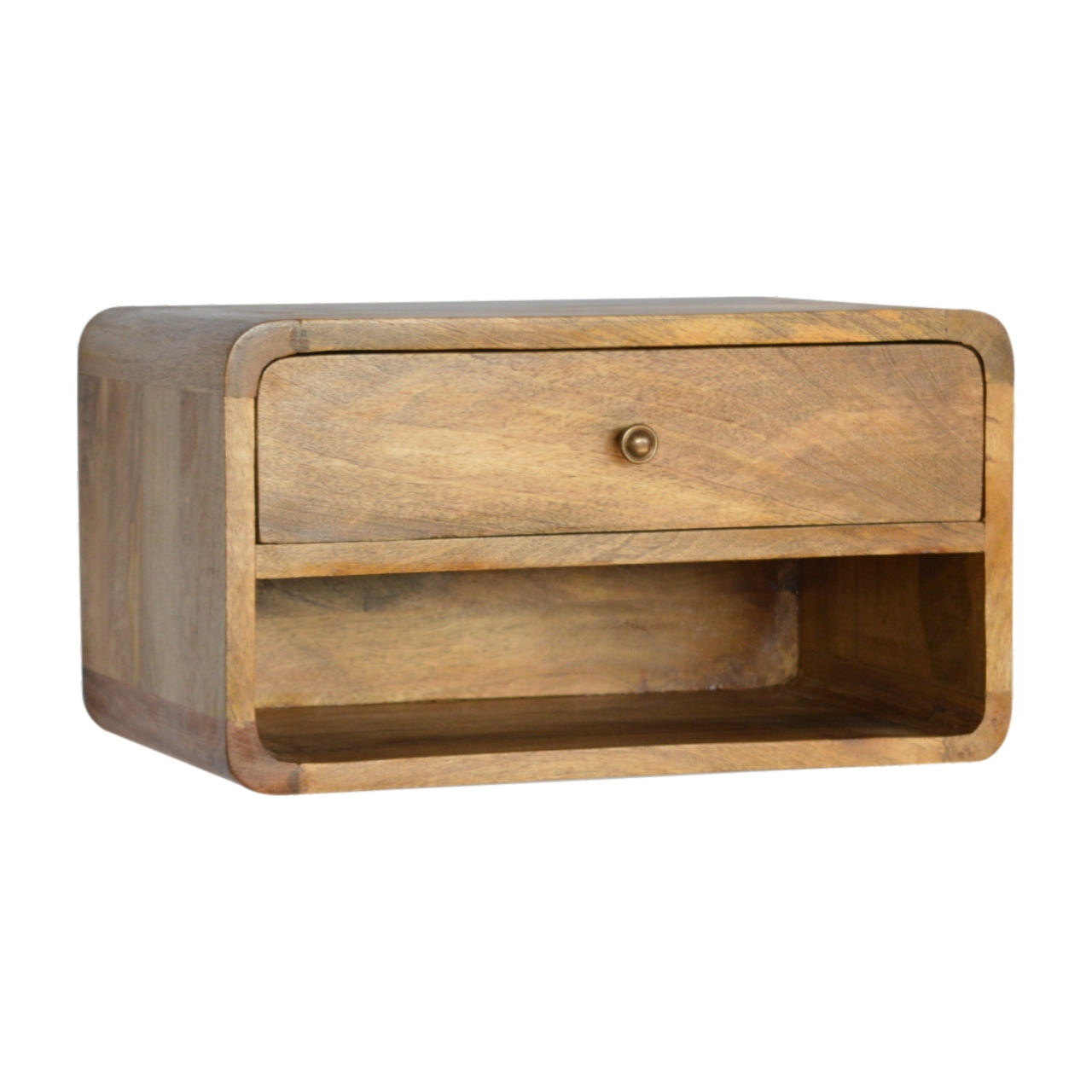 Solid Wood Bedside, Floating Curve Open Slot with 1 Drawer and Open Shelf, Brown