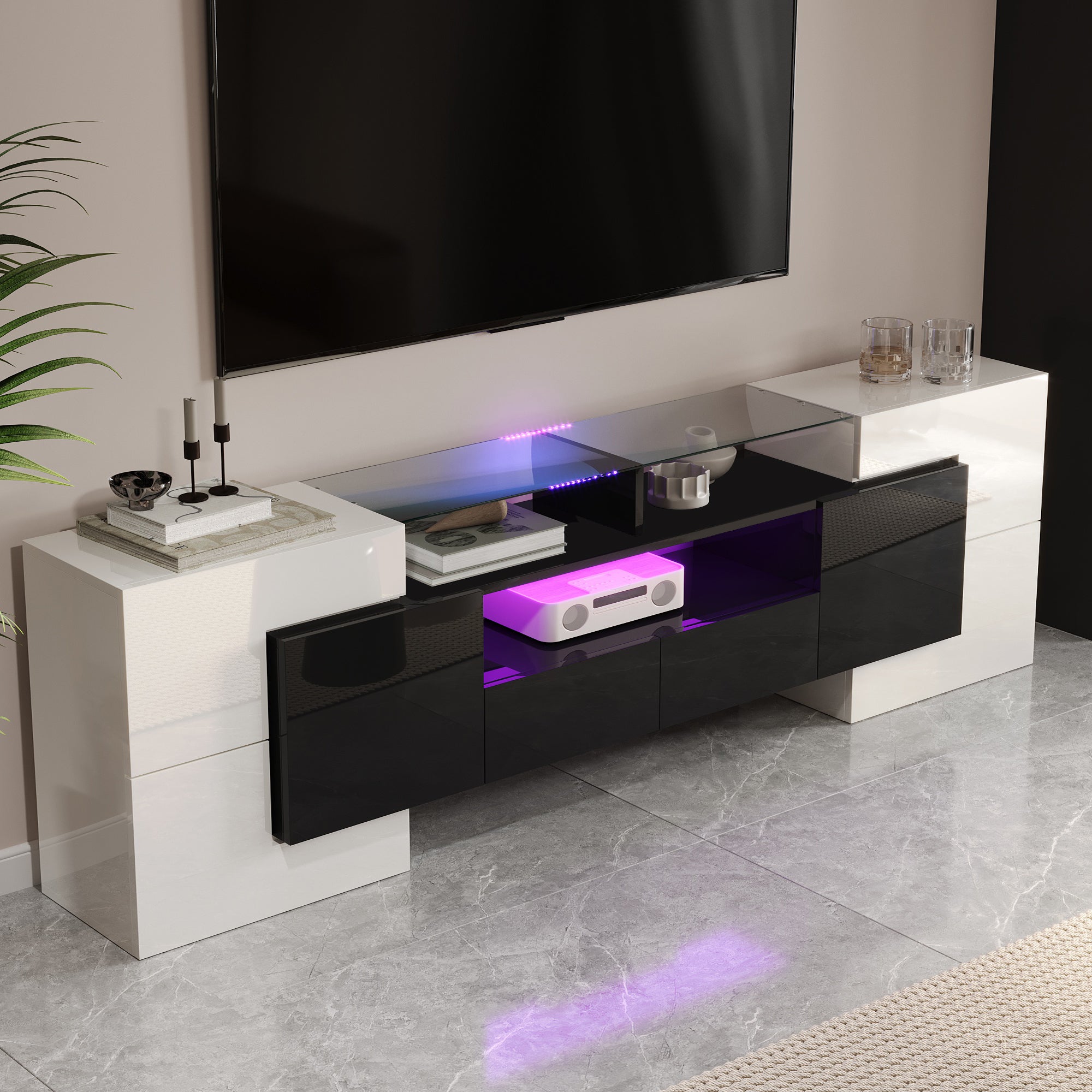 TV Cabinet Low Panel 200cm LED Lighting Modern Design High-Gloss White and Black