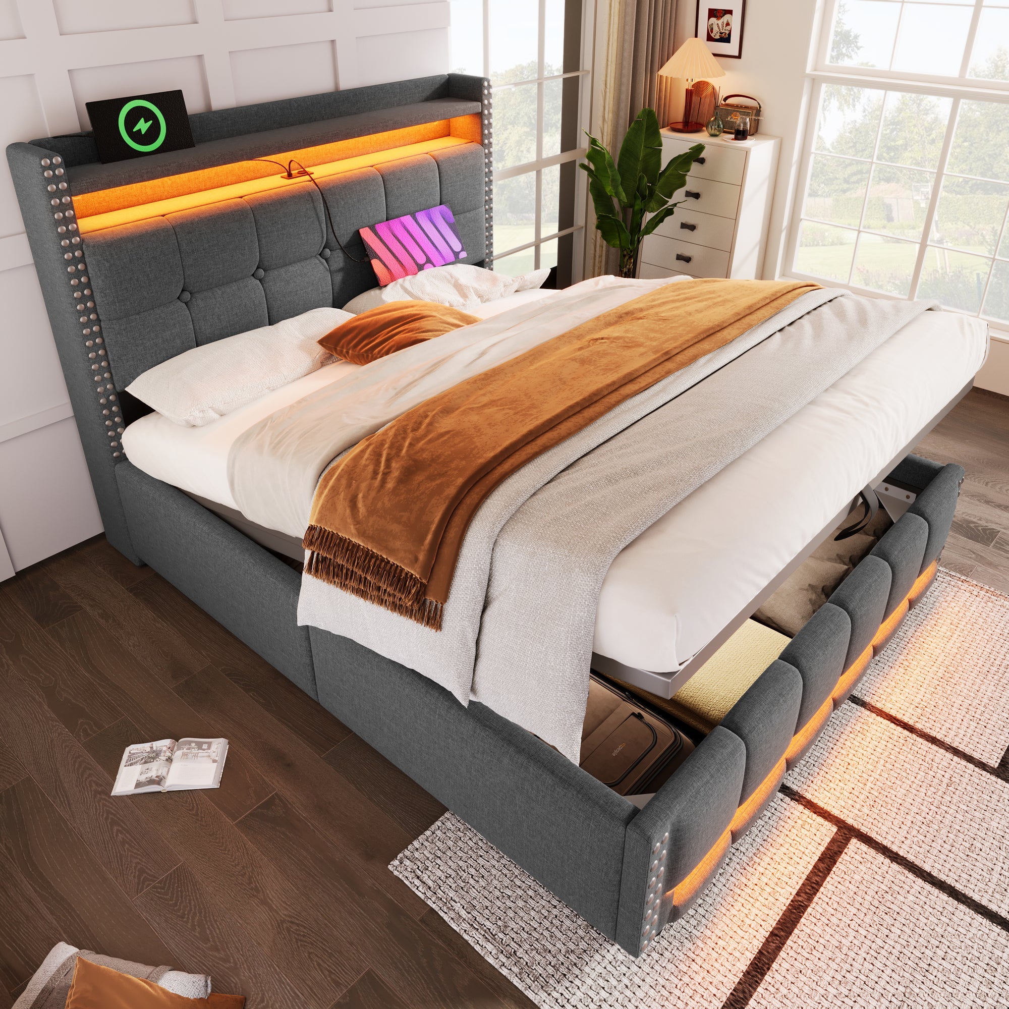 Upholstered Bed 160*200cm, LED & USB, Hydraulic Storage, Linen Fabric Gray