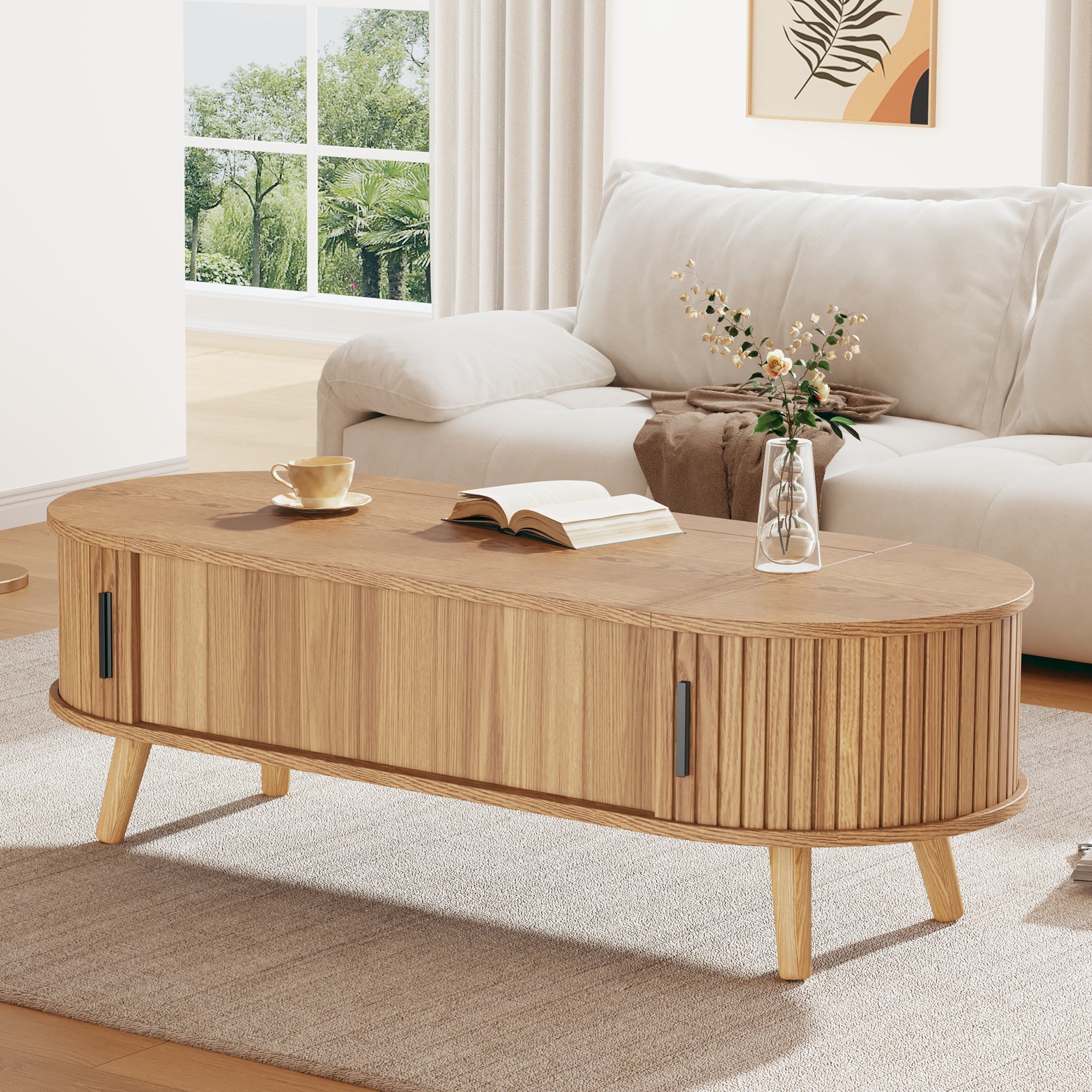 Liftable Coffee Table Hidden Storage 5 Shelves Original Wood Color