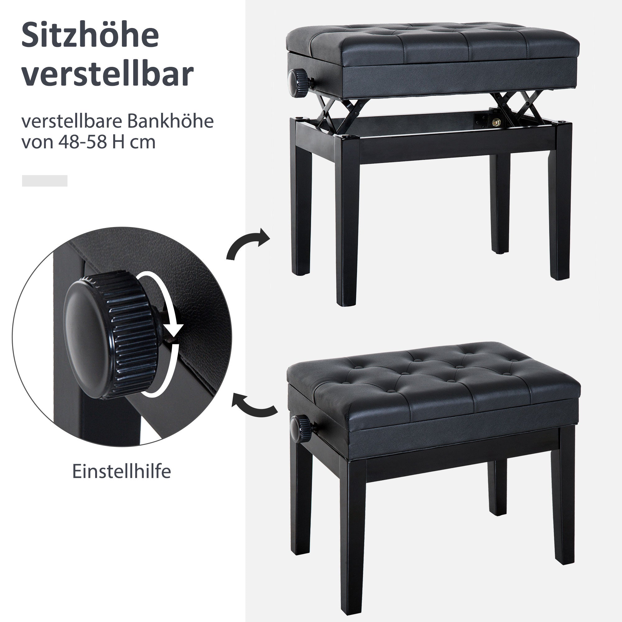 Klavierbank mit Stauraum, höhenverstellbar, Holz