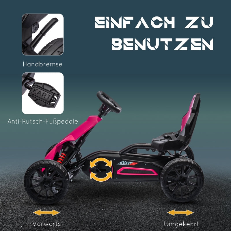Go-Kart Children's Pedal Car with Adjustable Seat and Handbrake, Pink