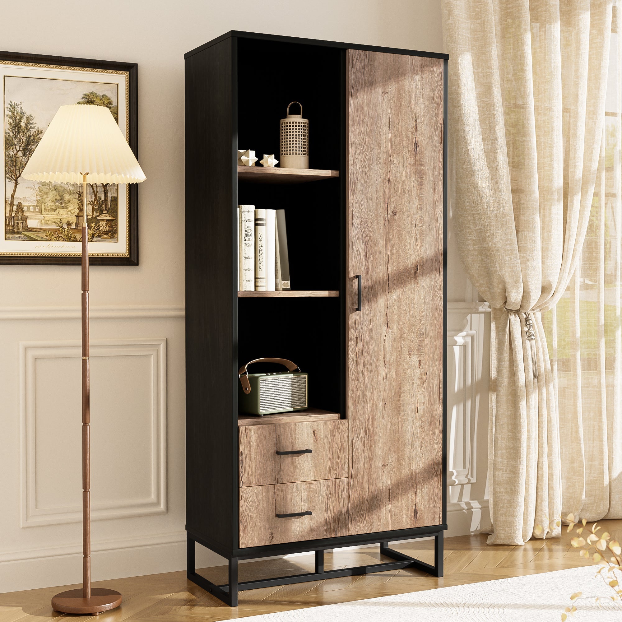 Highboard Cabinet with Door, 2 Drawers & 3 Open Compartments, Wood Look & Black Frame