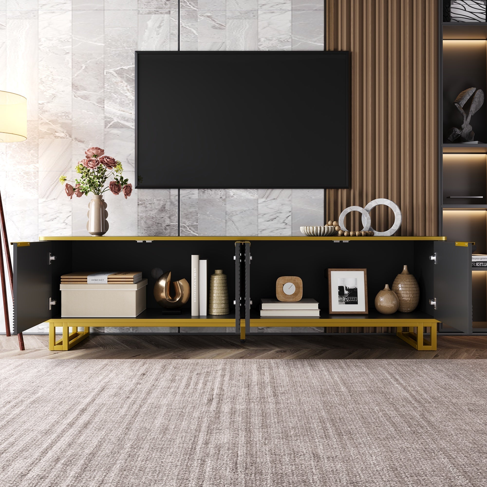 Low TV Stand 4 Doors Geometric Texture 160cm