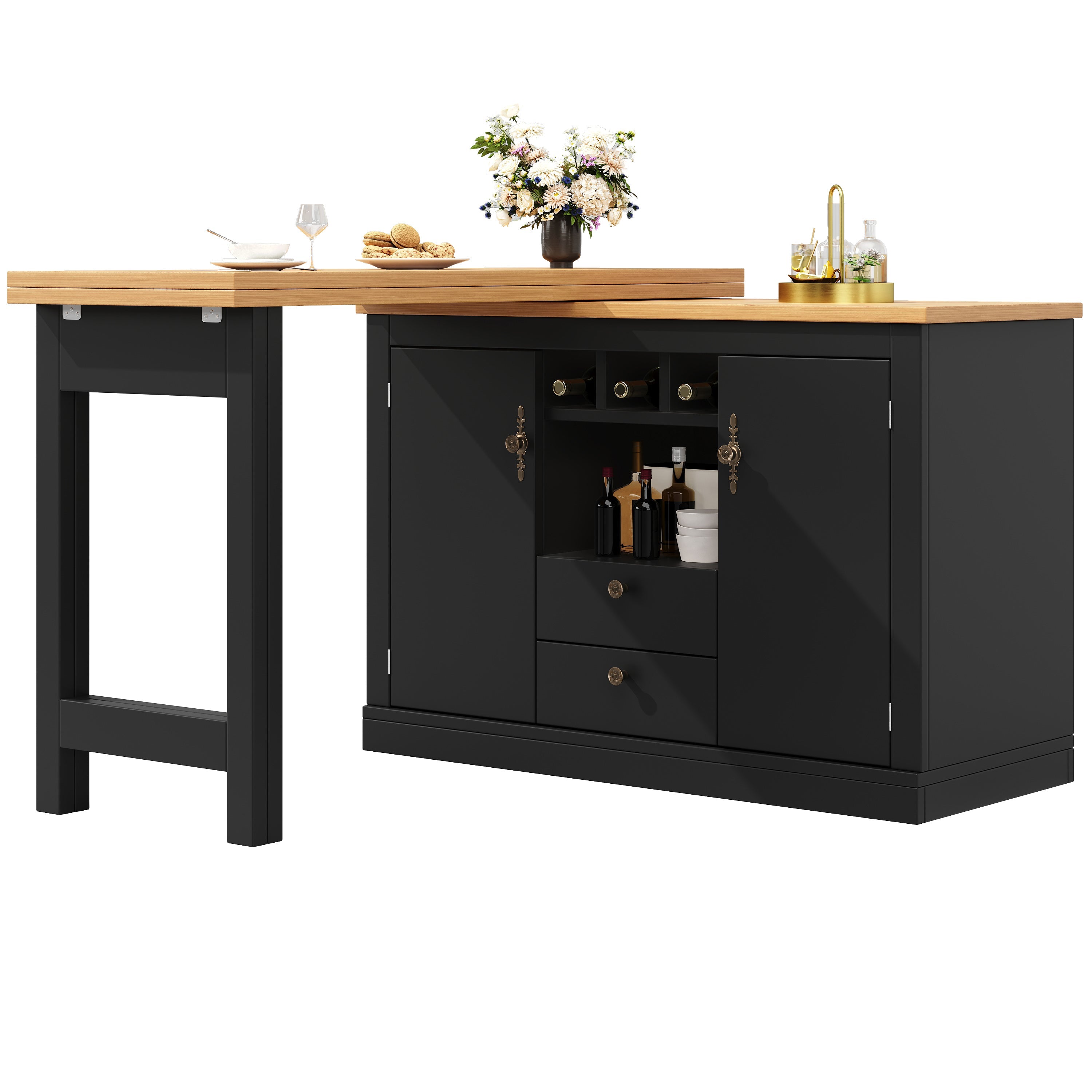 Extendable Bar Table with 360 Swivel Function and Storage Space, 120-180cm, Black