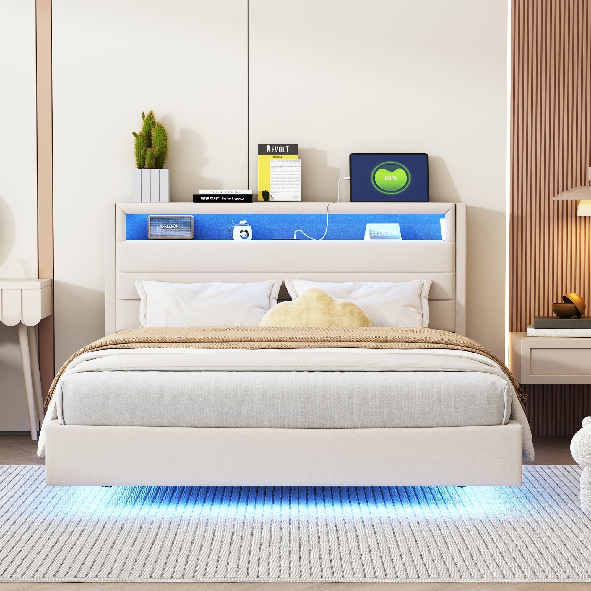 Upholstered Bed 140x200 cm with USB & LED Light, Reversible Headboard, Linen Fabric Beige