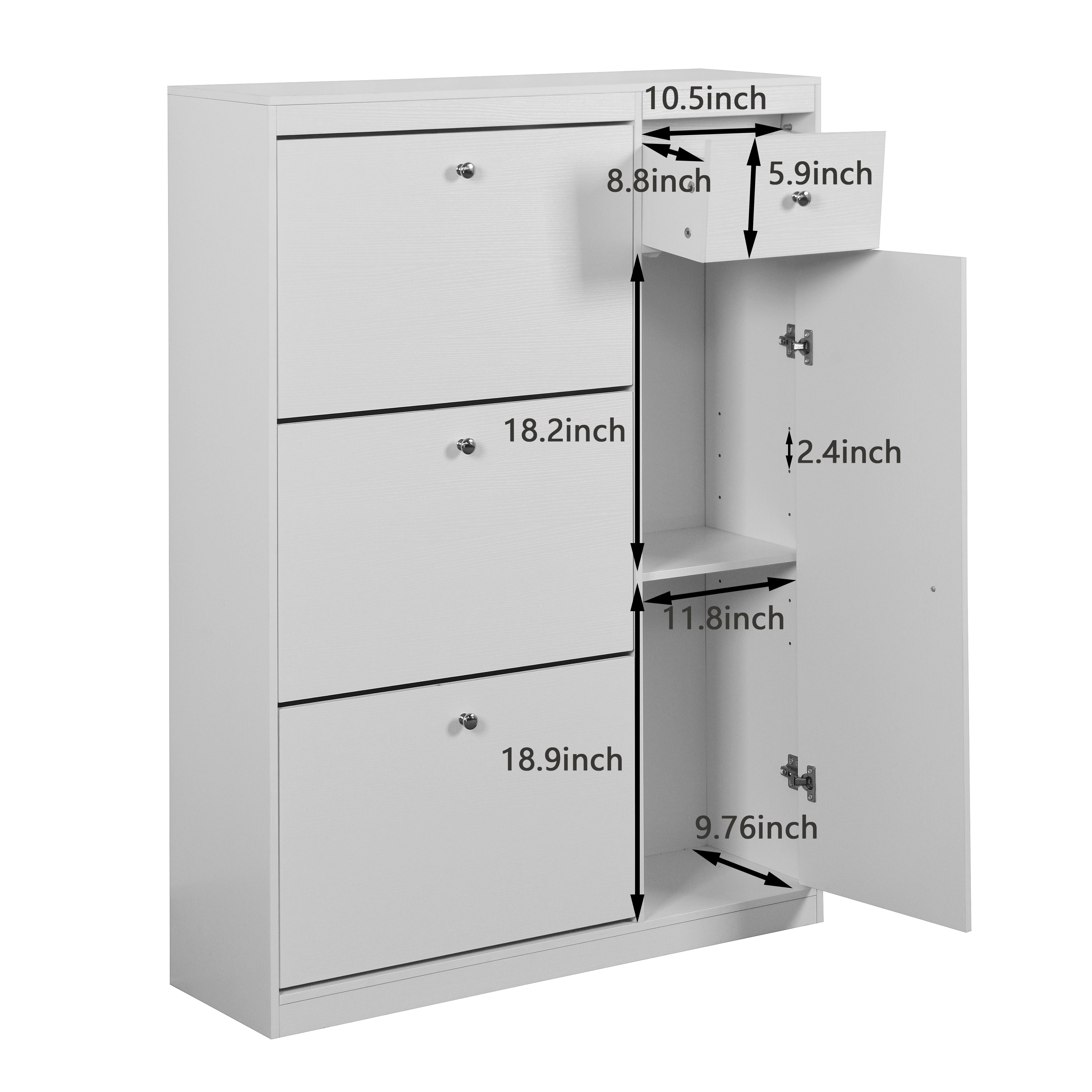 Shoe Cabinet Freestanding 3 Drop-Down Drawers Adjustable Shelf