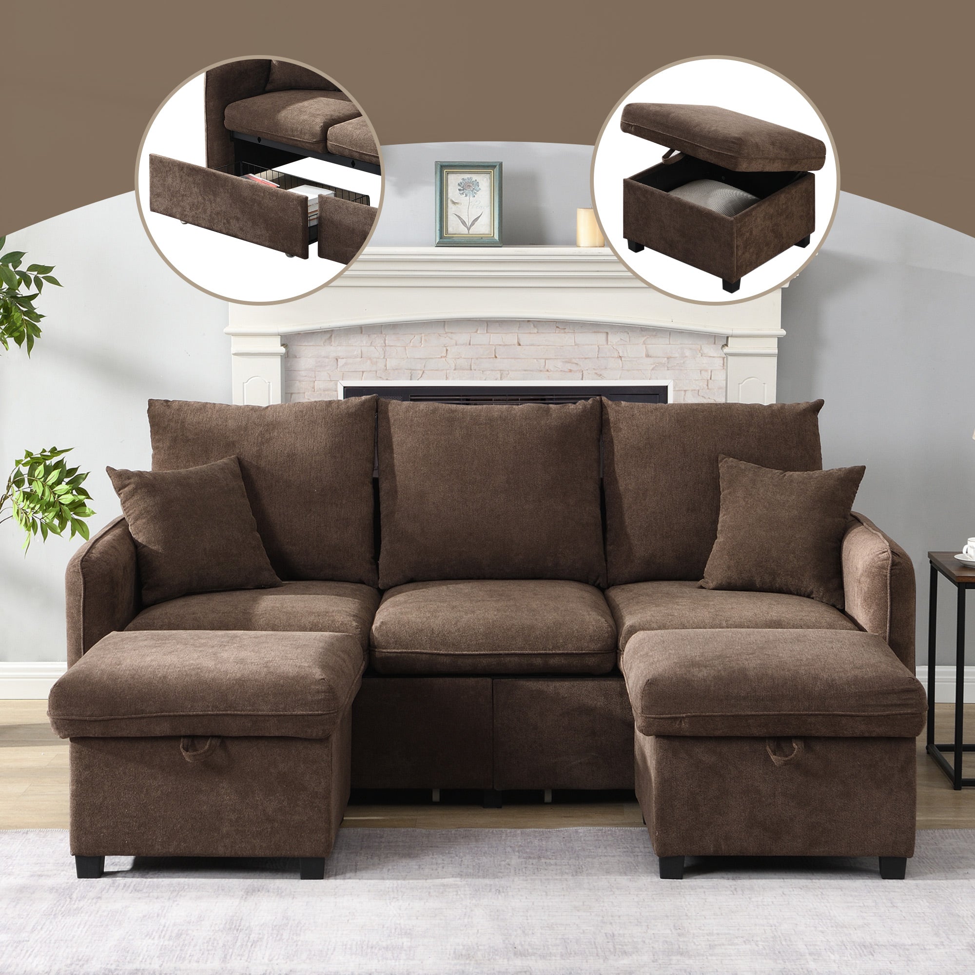 Multifunctional Corner Sofa, U-Shaped Three-Seater, Storage, Drawers & Ottoman, Sleeping Function, Chenille