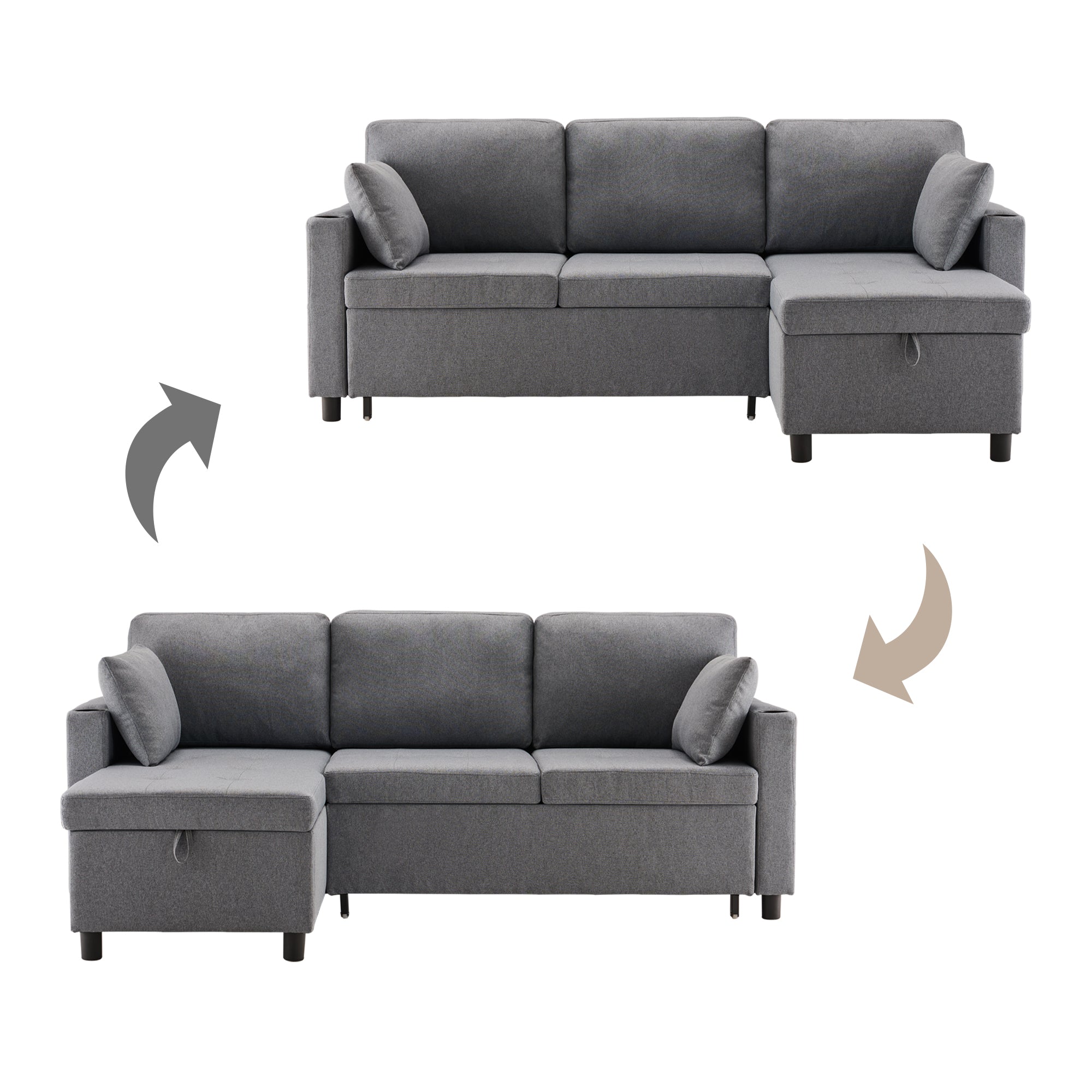 Sofa Bed L-Shaped Pull Out Sofa with Storage, Grey